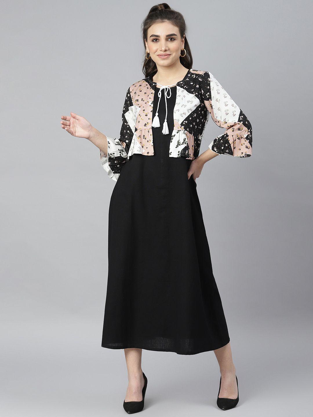 deebaco black & white floral tie-up neck midi dress with floral shrug