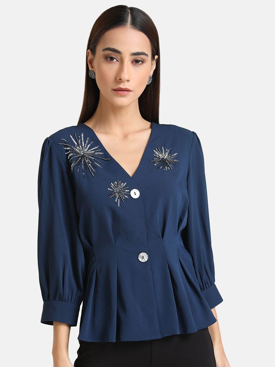 kazo blue embellished peplum top