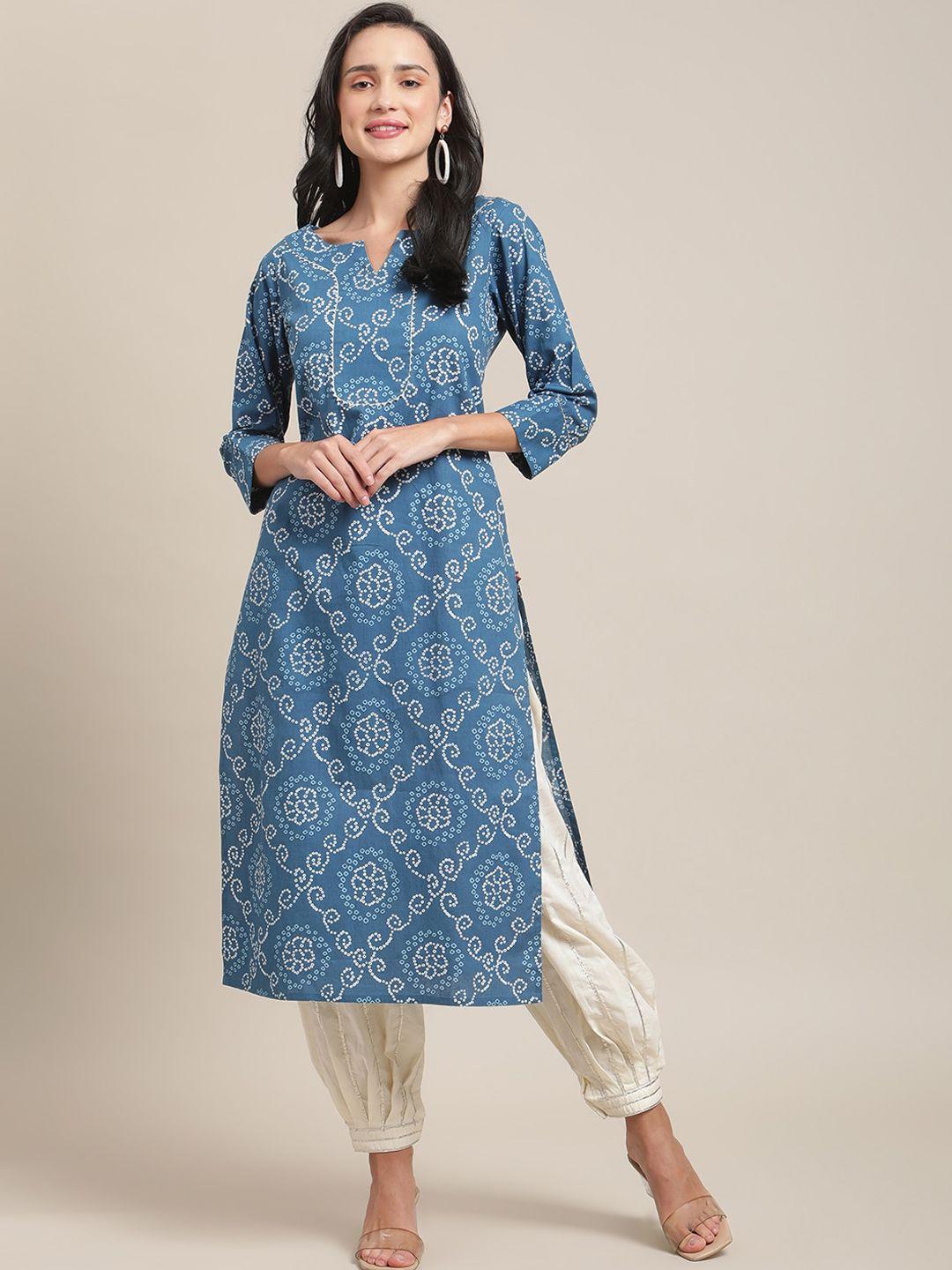 ksut women blue & white ethnic motifs printed kurta