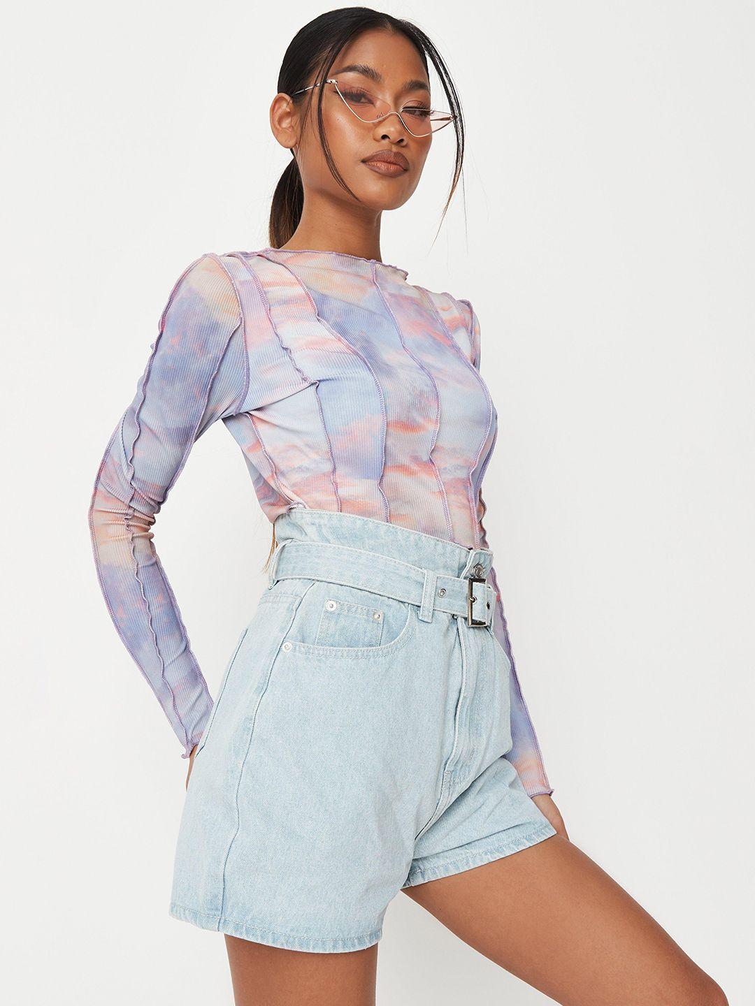 missguided women blue pure cotton solid high-rise denim shorts with belt