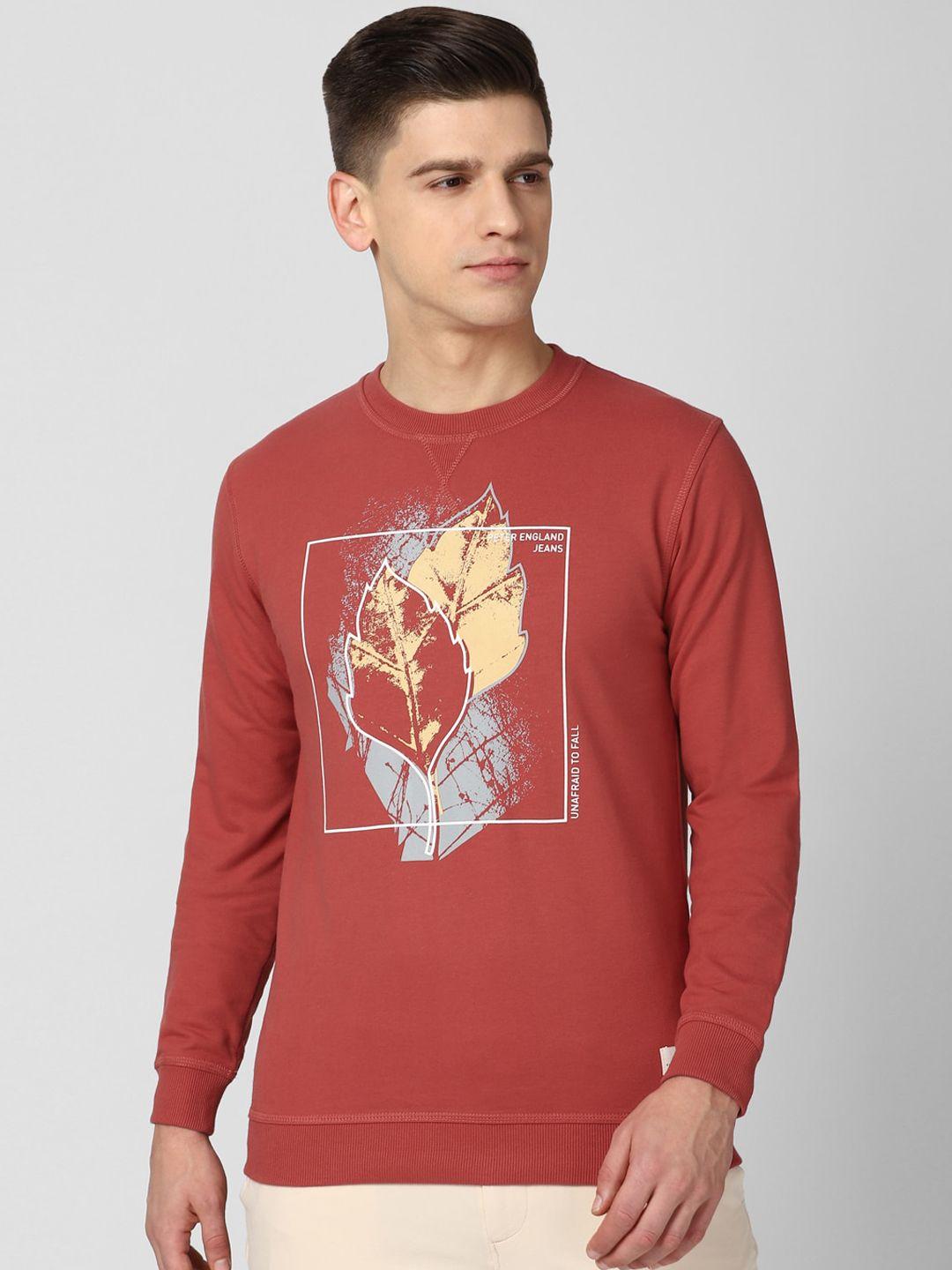 peter england casuals men rust graphic printed pure cotton sweatshirt