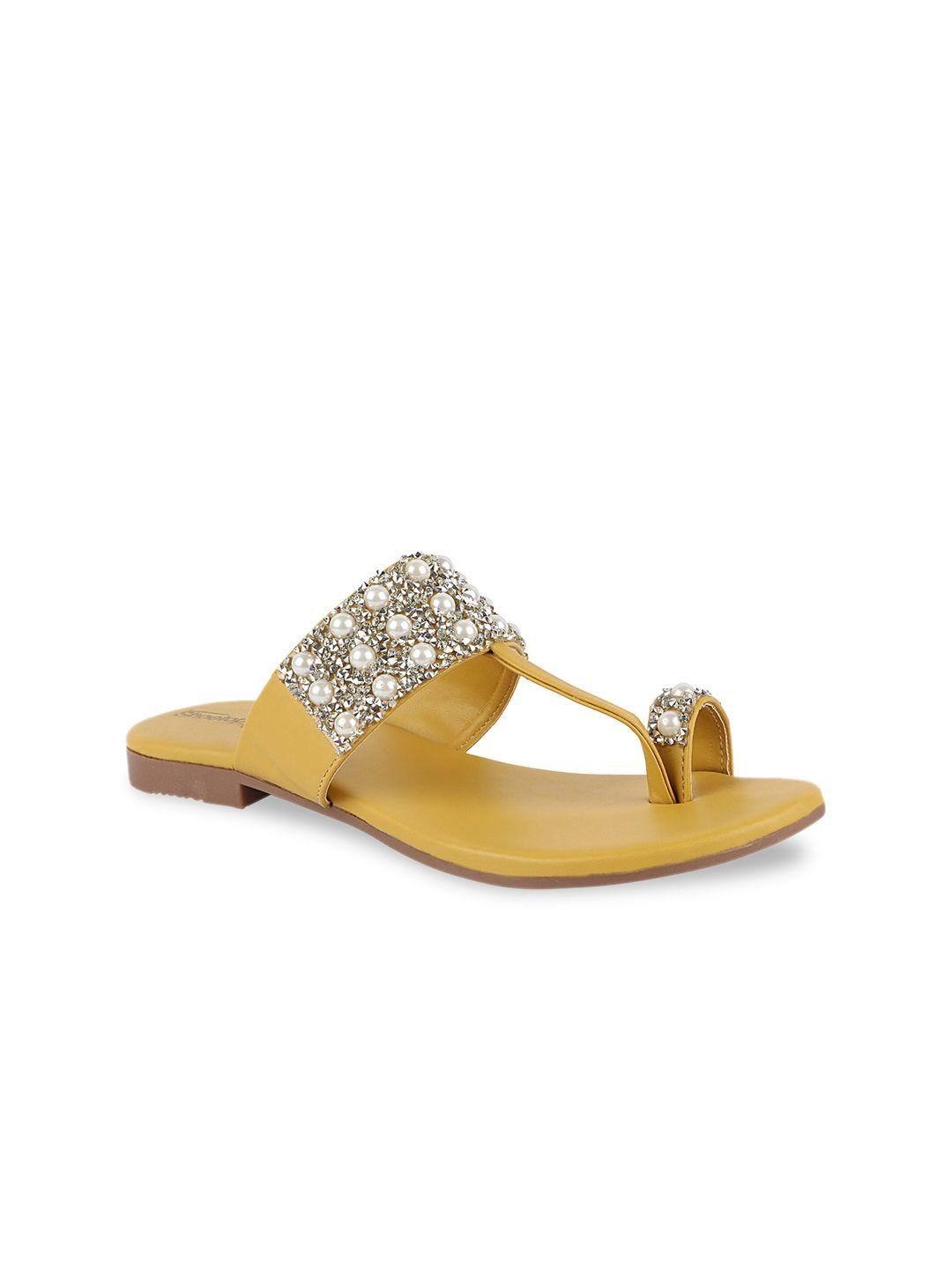 shoetopia women yellow embellished leather ethnic one toe flats