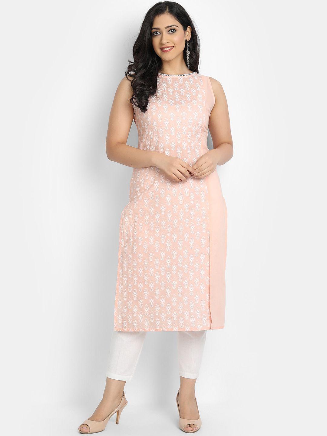 suti women peach-coloured & white ethnic motifs printed kurta