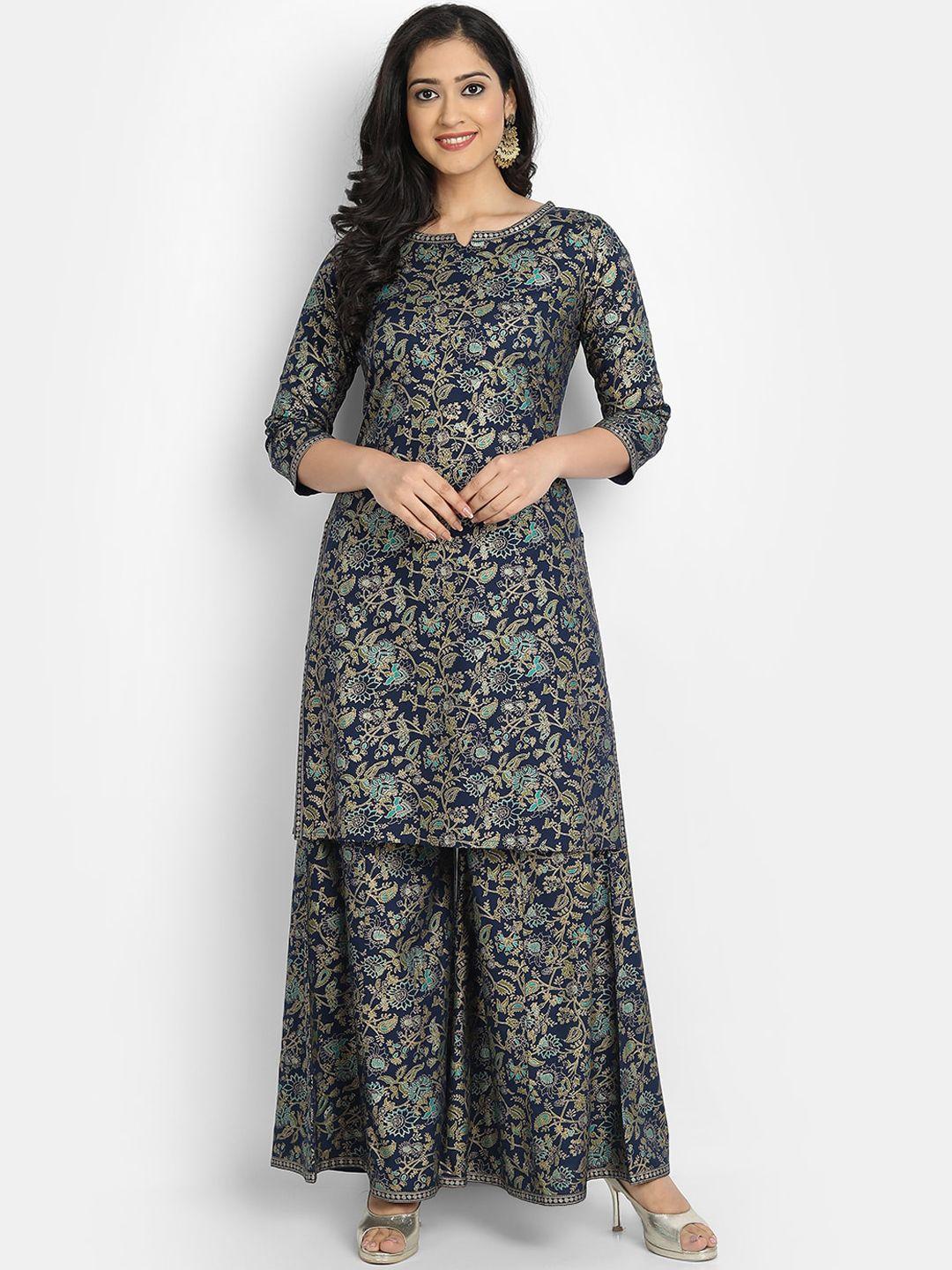 suti women navy blue floral printed regular kurta with palazzos