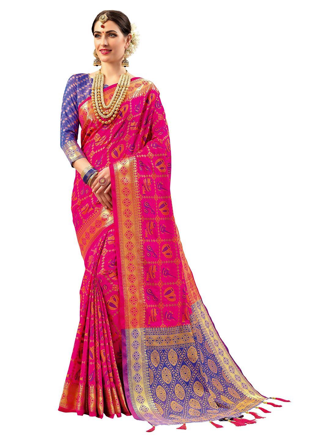 mitera women pink silk blend woven saree with blouse