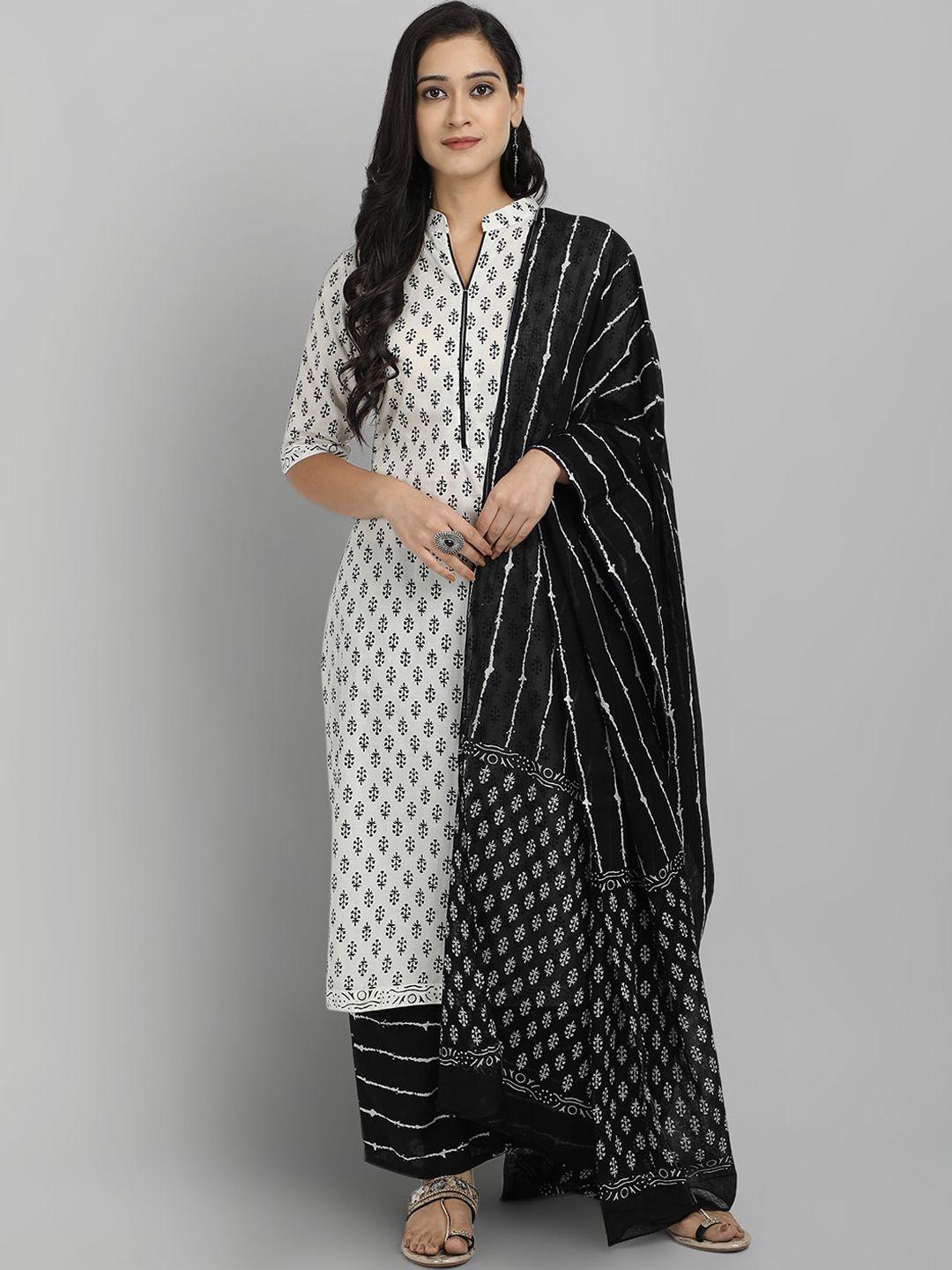 jaipuri bunaai women white ethnic motifs printed regular kurta with palazzos & with dupatta