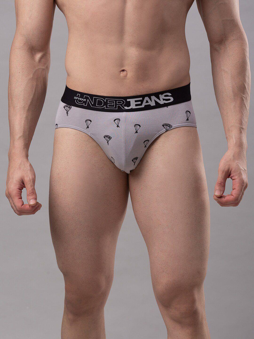 underjeans by spykar men grey & black printed basic briefs ujmbrpbs029