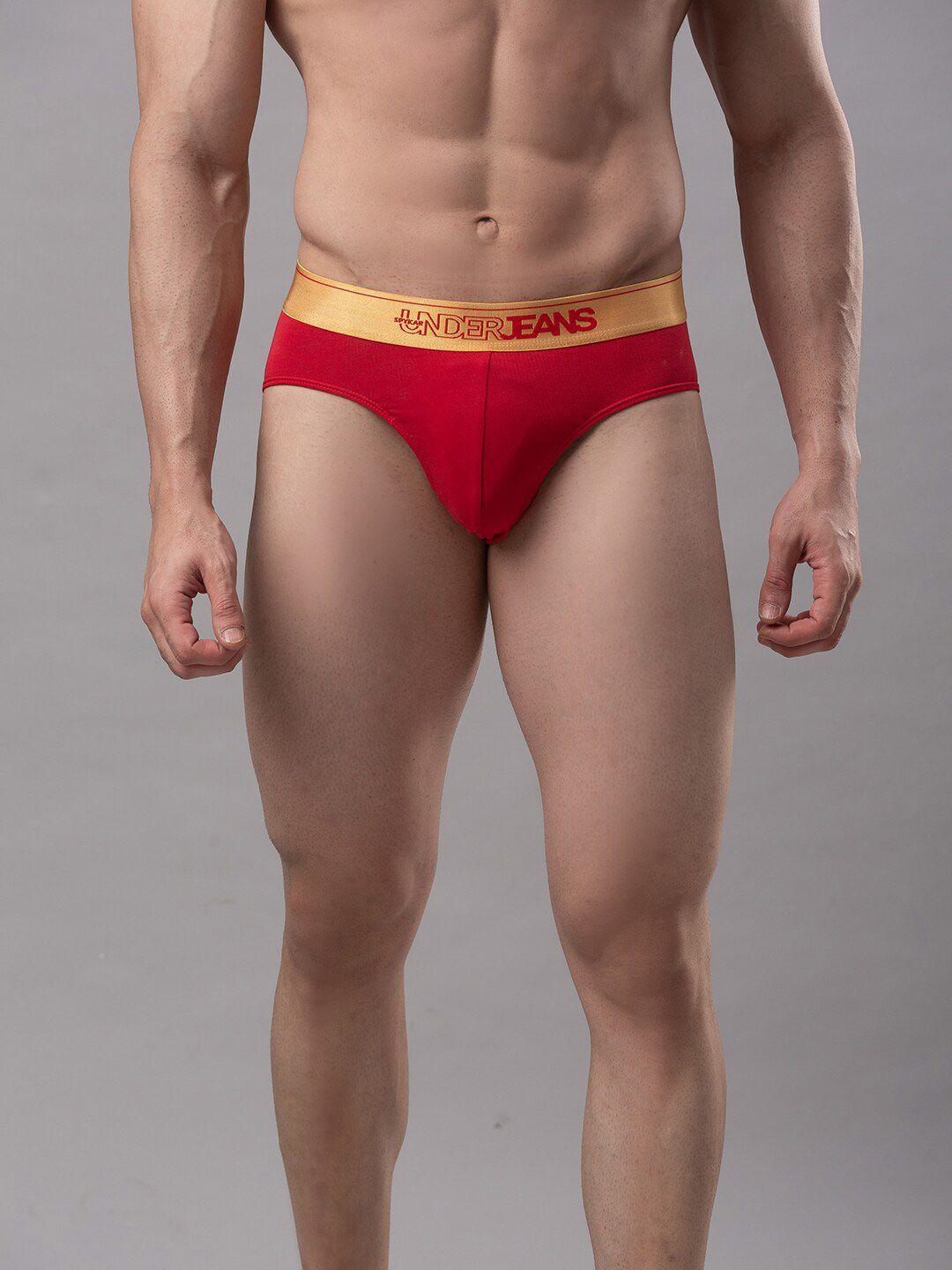 underjeans by spykar men red & gold -coloured solid basic briefs ujmbrpbs041red