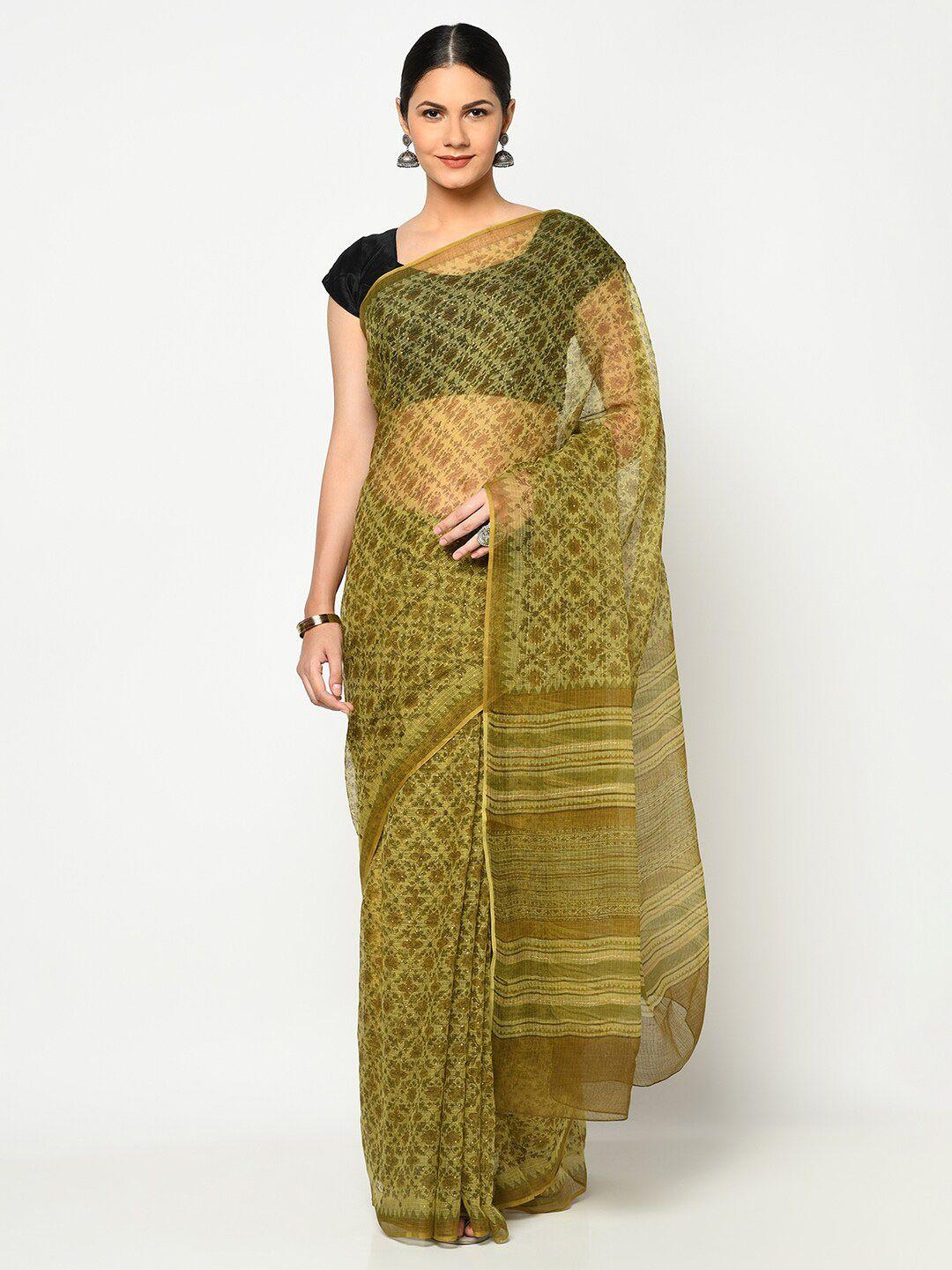 fabindia olive green & brown floral block print saree