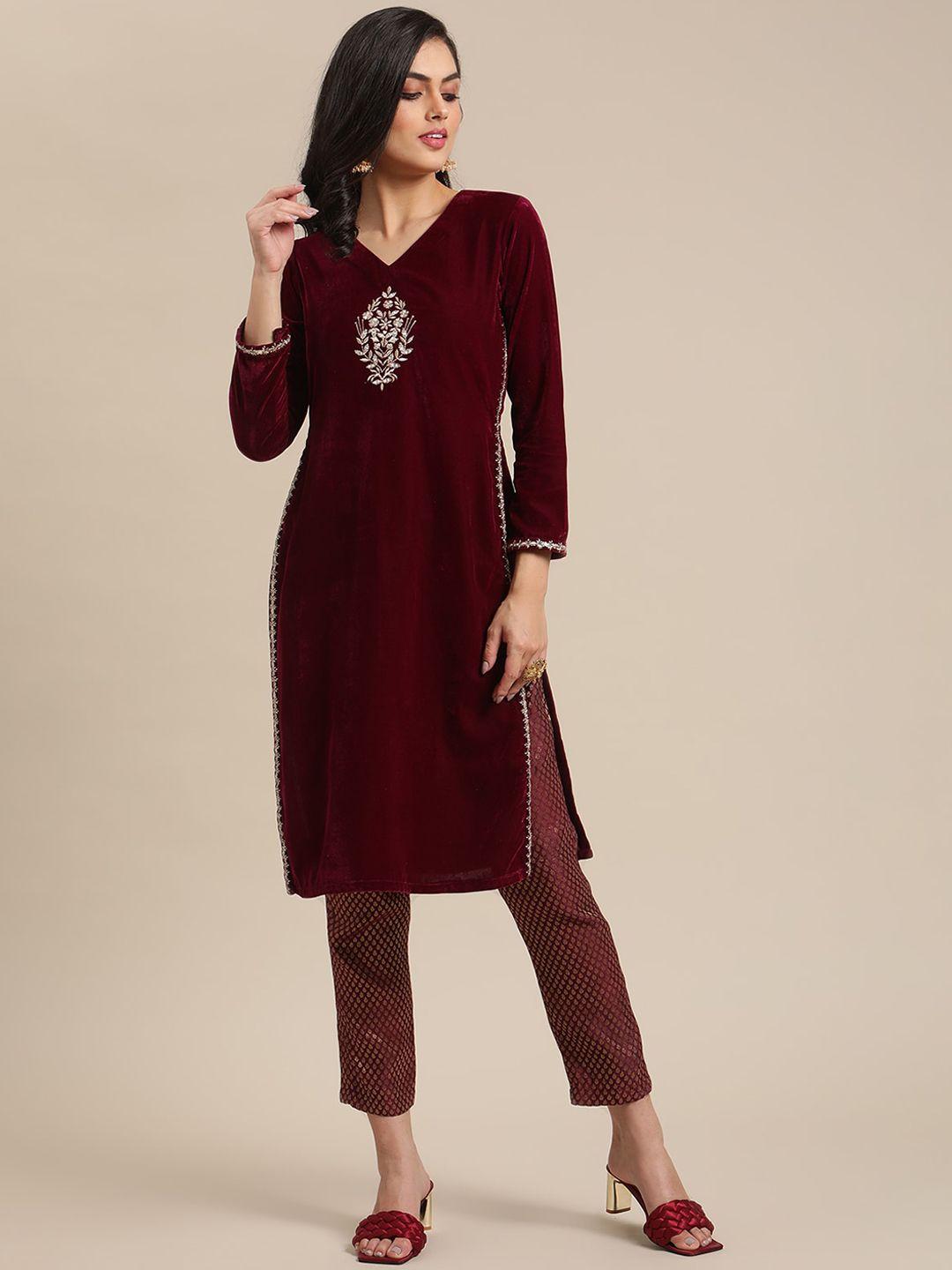 varanga women magenta ethnic motifs embroidered regular velvet kurta with trousers