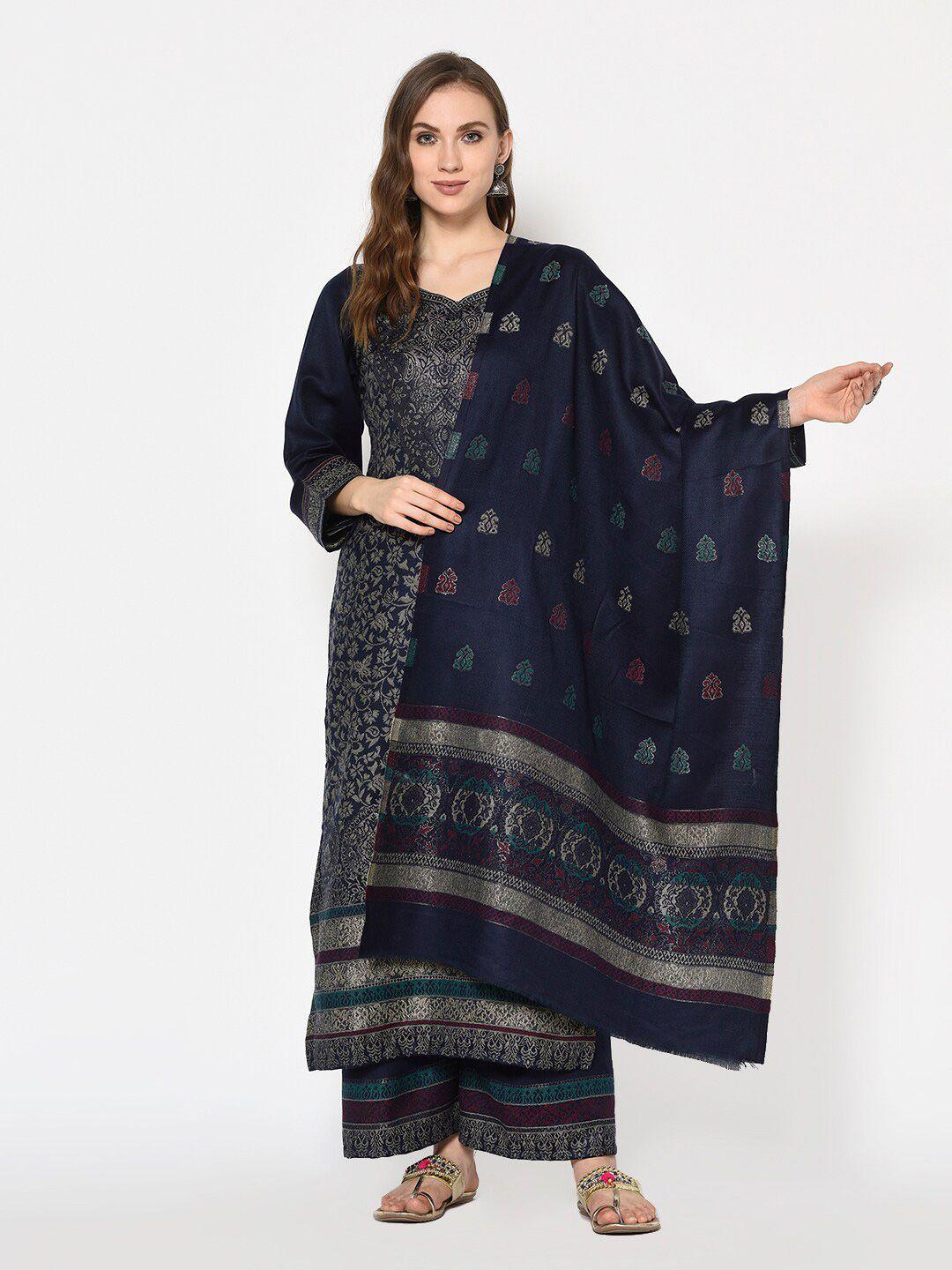 safaa navy blue & gold-toned printed viscose rayon unstitched dress material