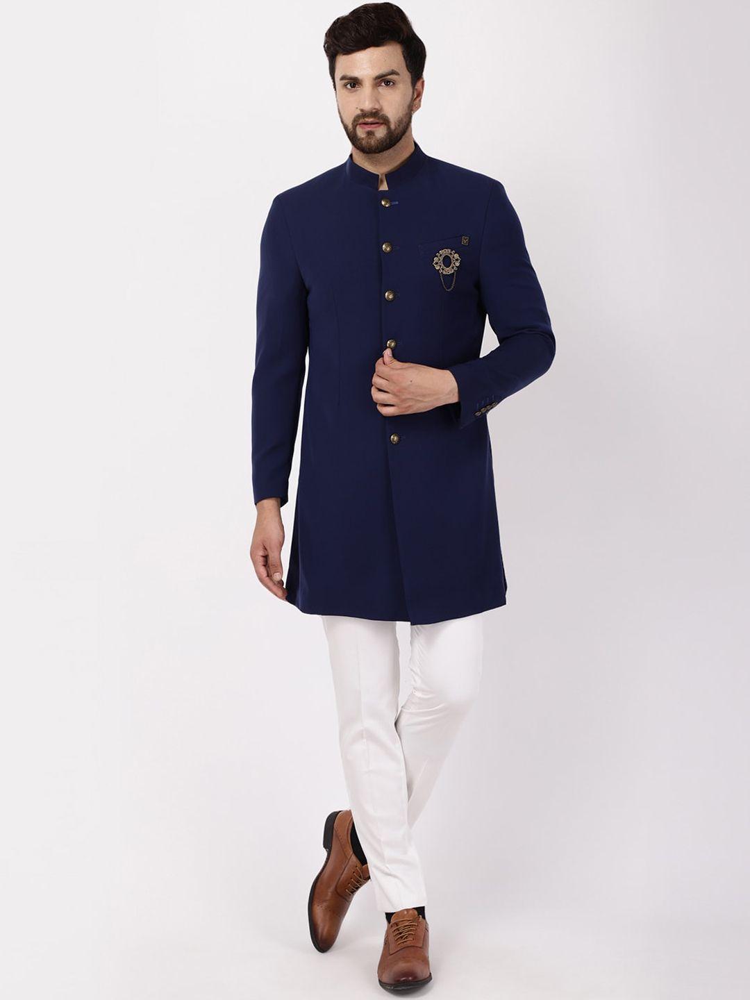 blackberrys men navy blue & white solid slim-fit bandhgala suit