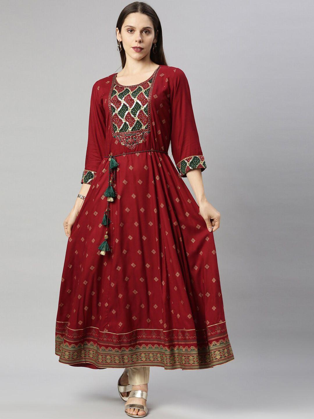 neerus women maroon ethnic motifs embroidered flared sleeves anarkali kurta