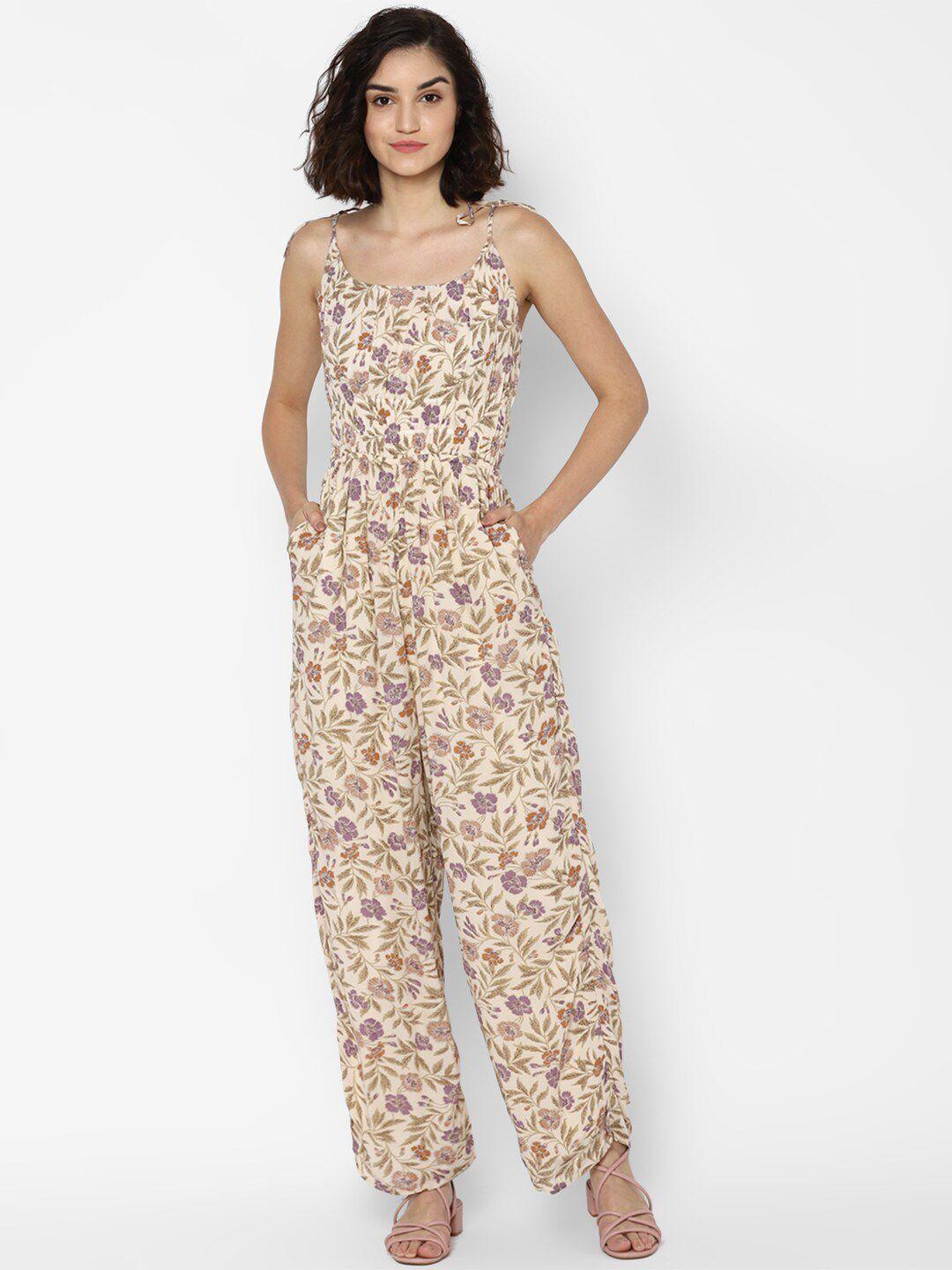 american eagle outfitters women beige & lavender floral printed basic jumpsuit