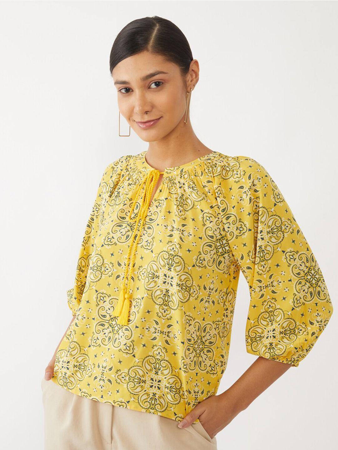 zink london yellow floral tie-up neck blouson top