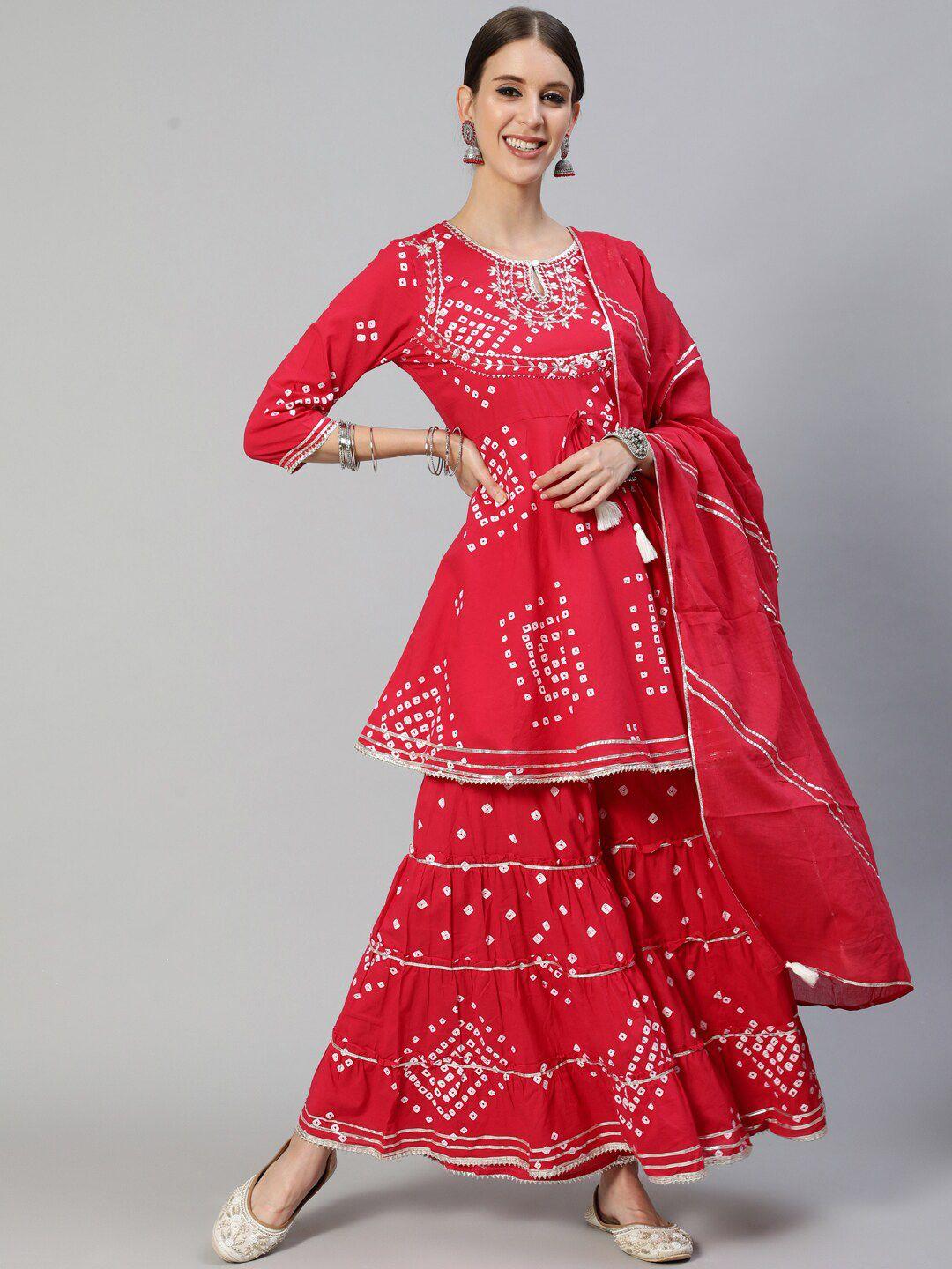 ishin women red floral embroidered empire gotta patti kurta with sharara & with dupatta