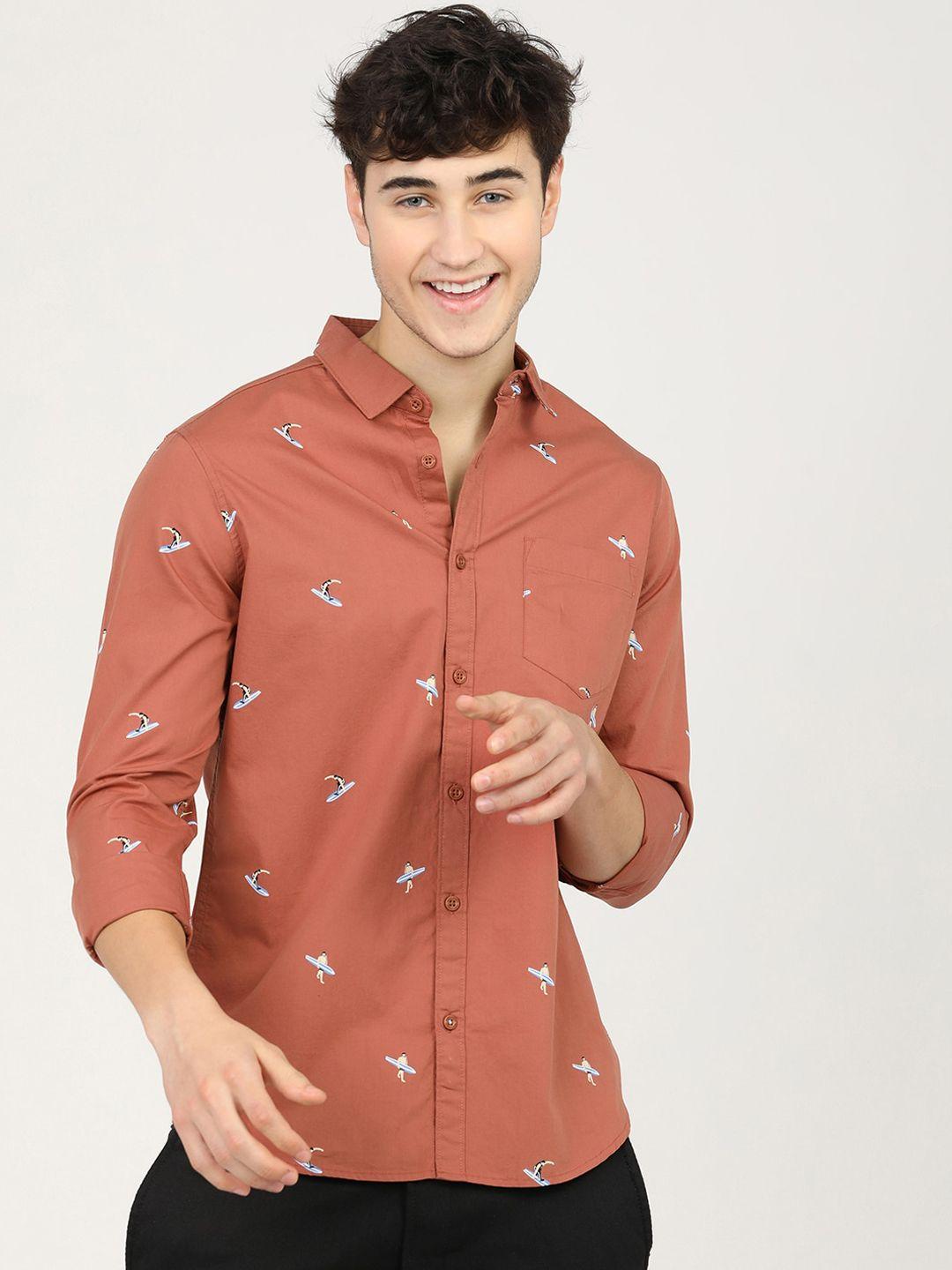 highlander men rust slim fit opaque printed casual shirt