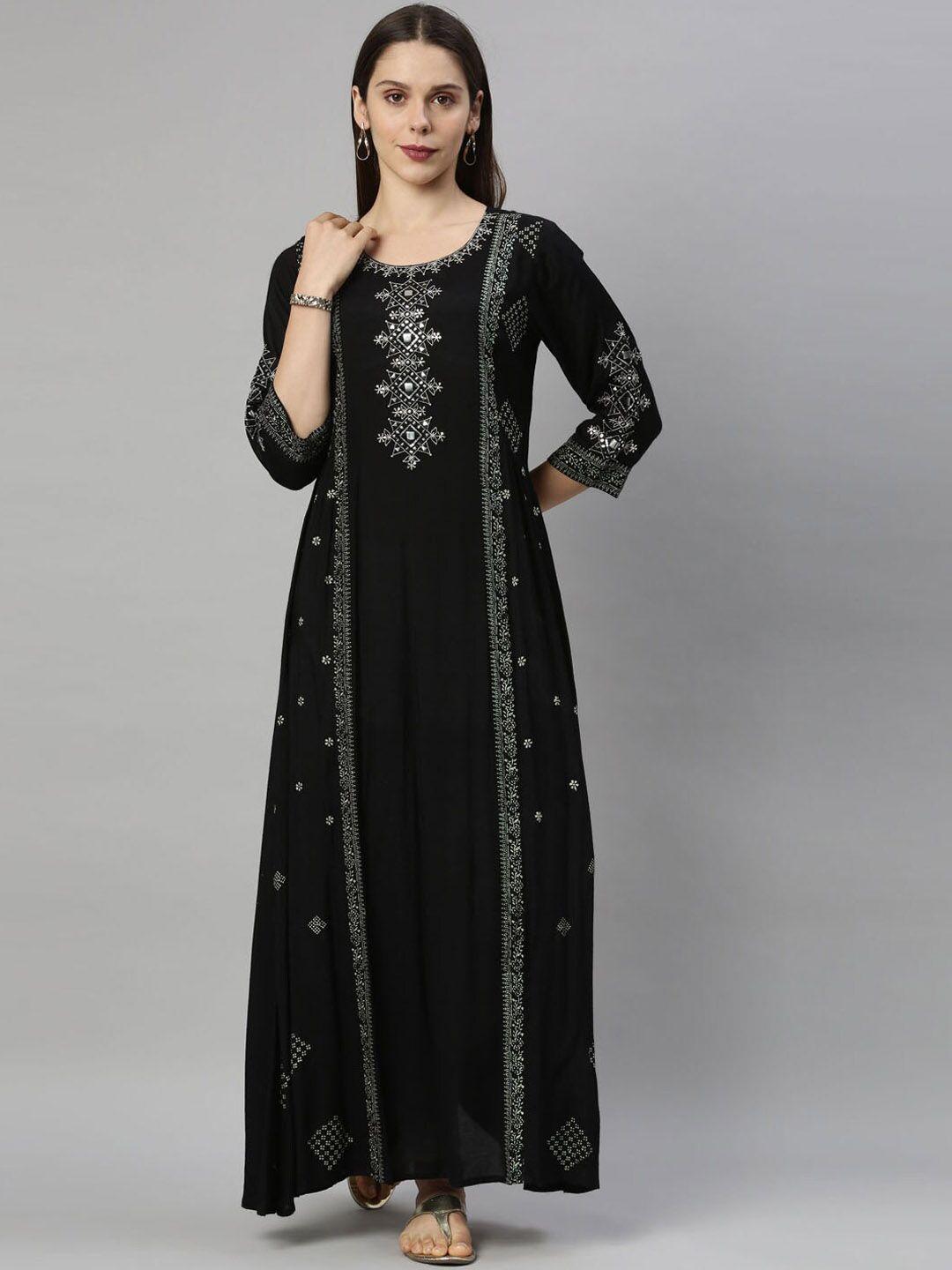 neerus women black embroidered ethnic motifs straight kurta