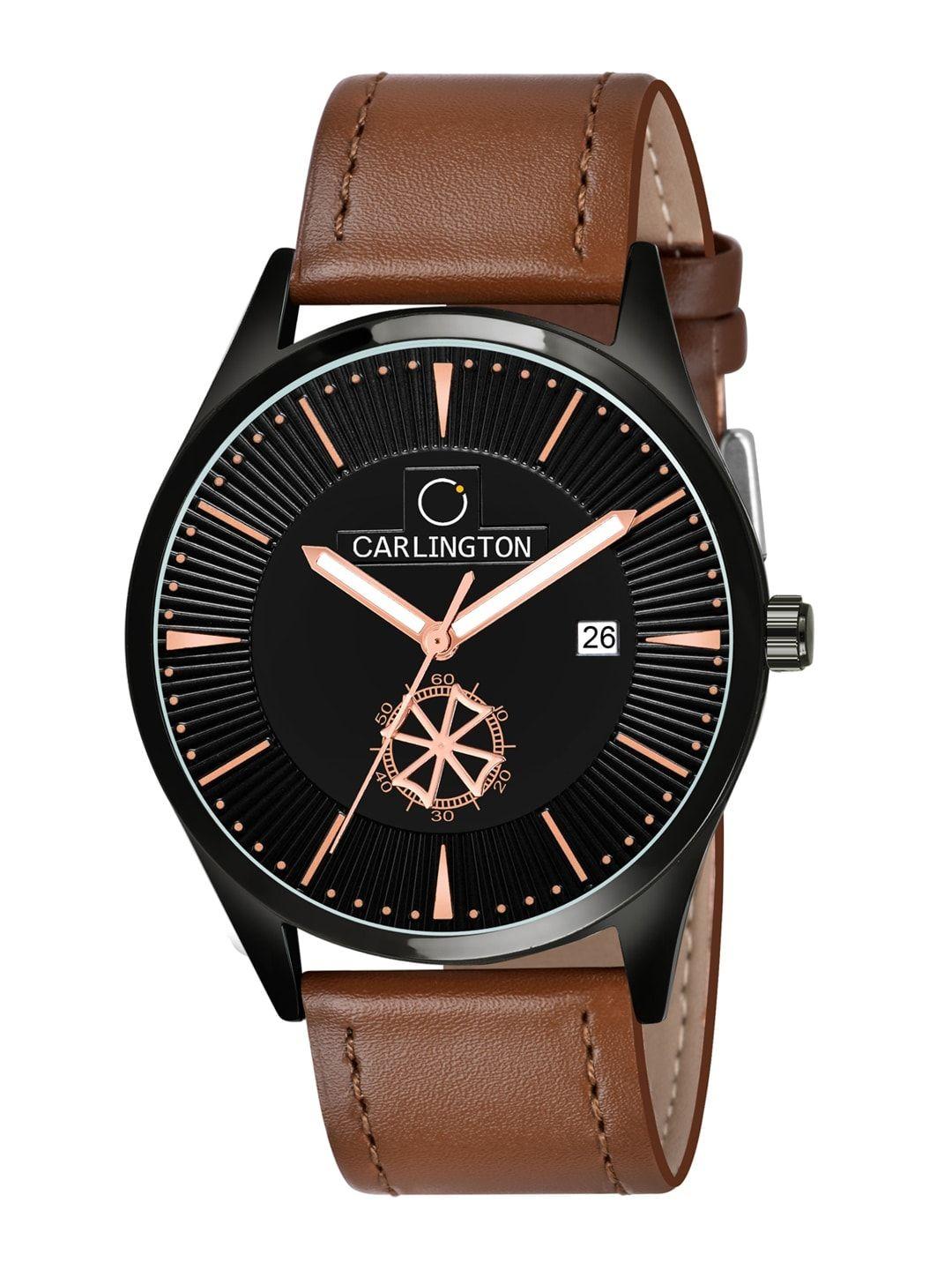 carlington men black alloy dial & brown straps analogue watch ct1020 tan-black