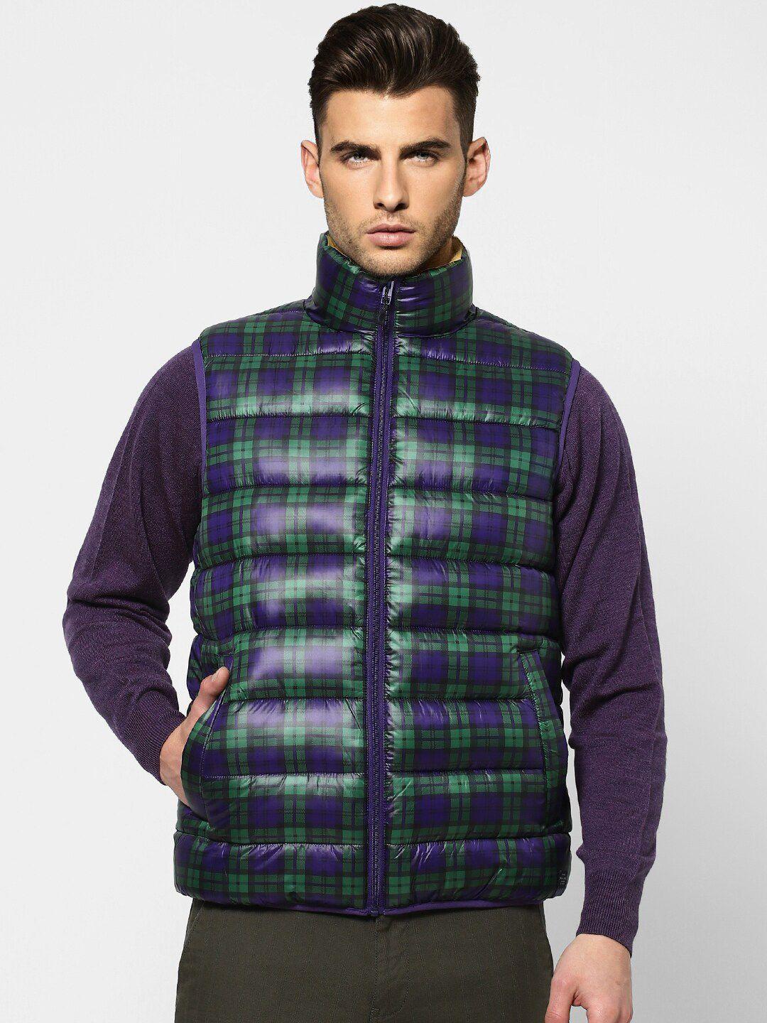 jack & jones men navy blue & green checked padded jacket