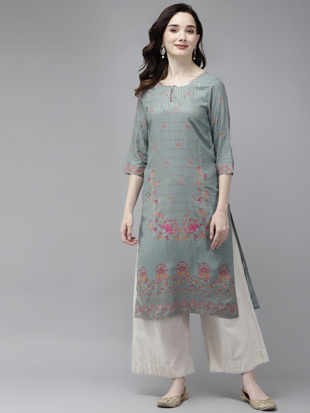 w women green floral printed straight kurta