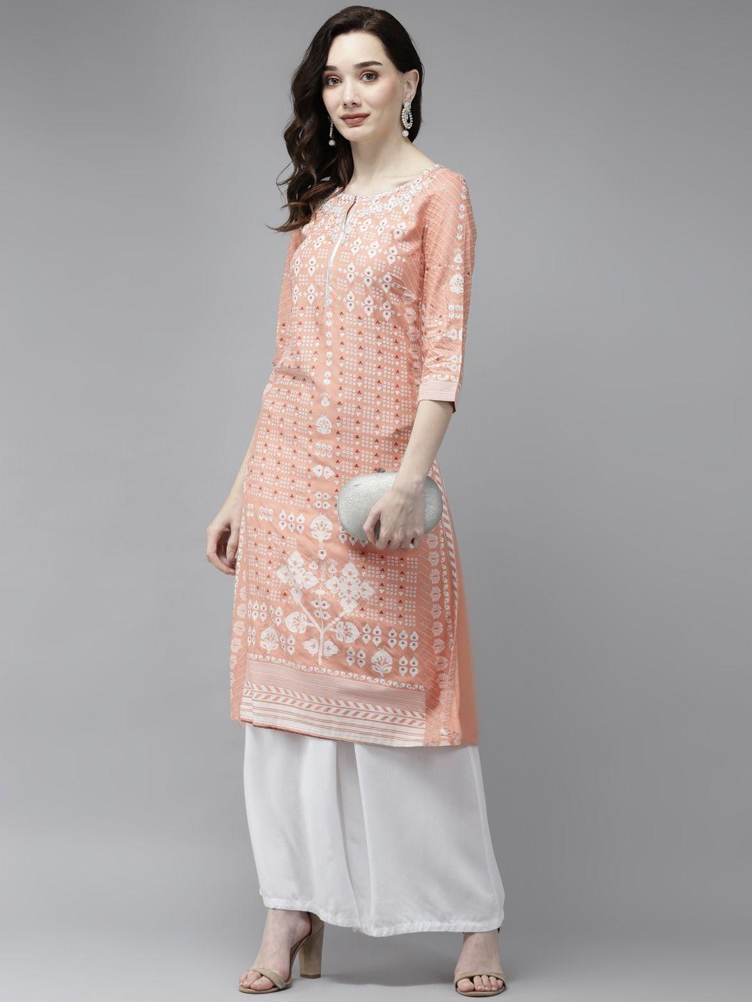 w women peach-coloured & white ethnic motifs printed keyhole neck kurta