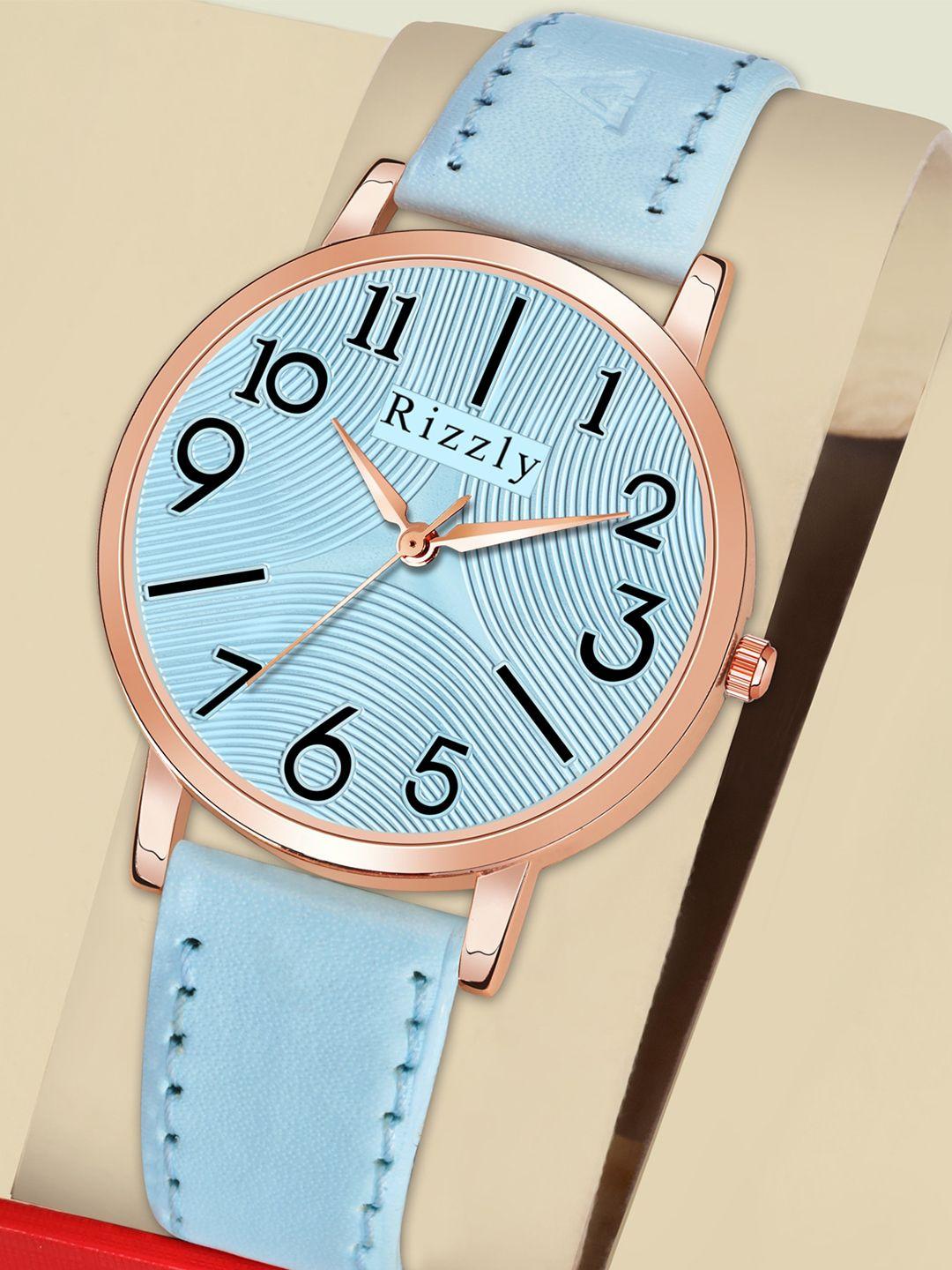 rizzly women blue brass printed dial & blue leather bracelet style straps analogue watch rz-148-sky blue