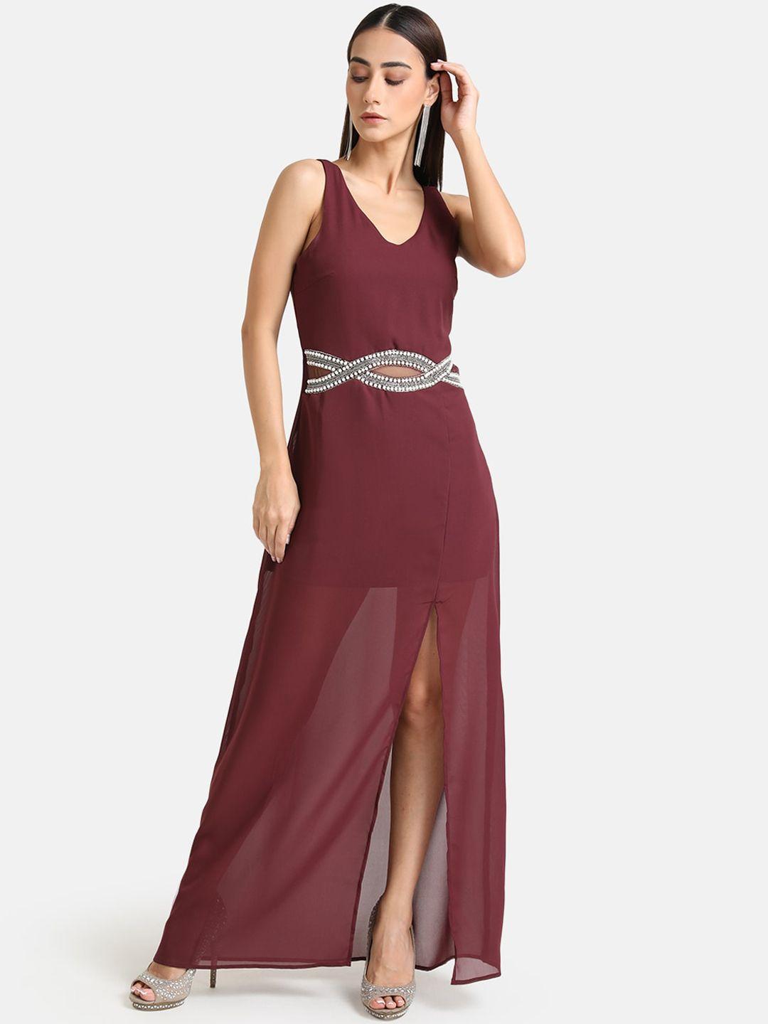 kazo maroon embellished waist maxi dress