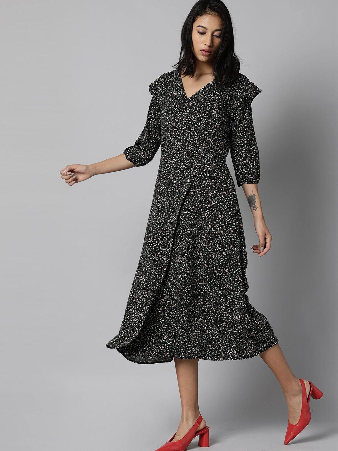 rareism green floral a-line midi dress