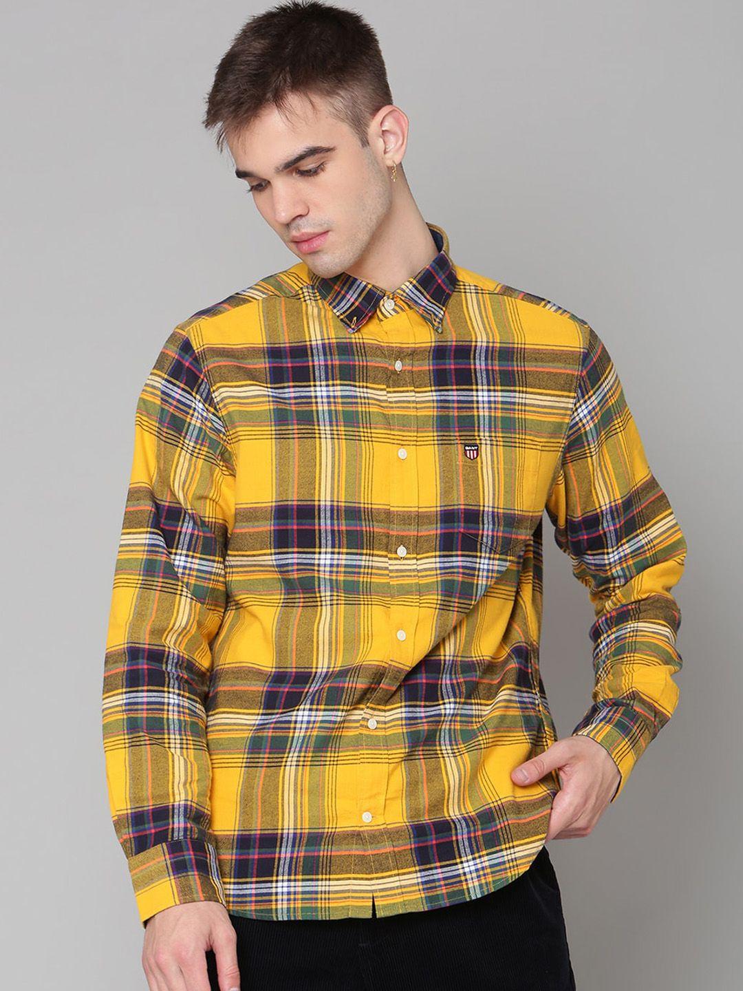 gant men yellow tartan checked casual shirt