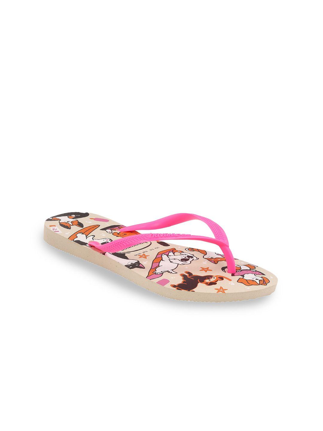 havaianas women pink & beige printed rubber thong flip-flops