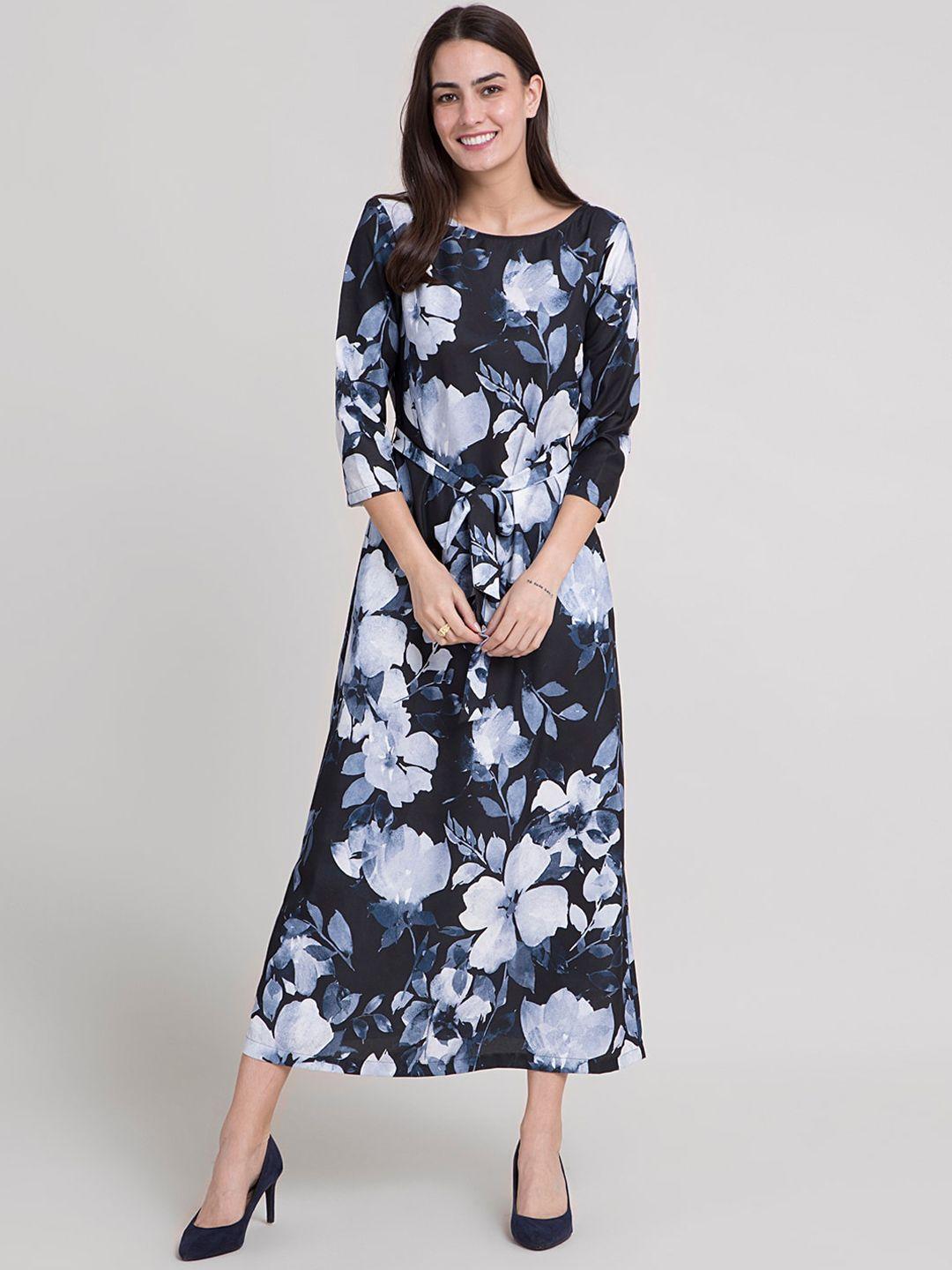 fablestreet black & navy blue floral printed boat neck maxi a-line dress