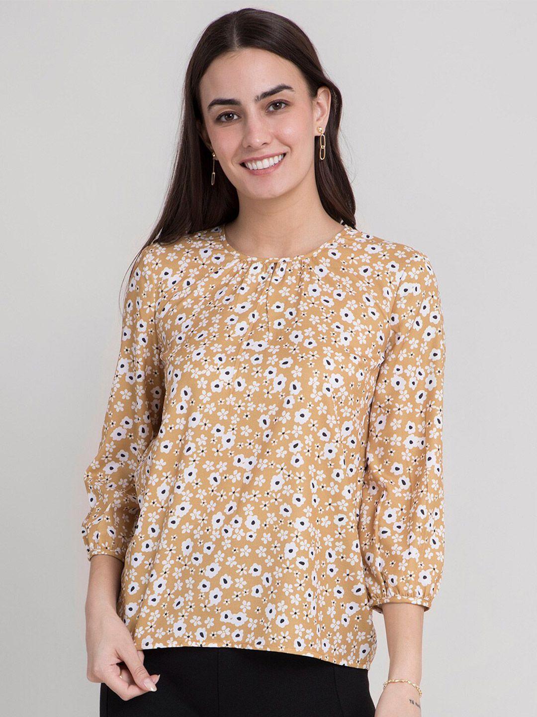 fablestreet mustard yellow & white floral printed regular top