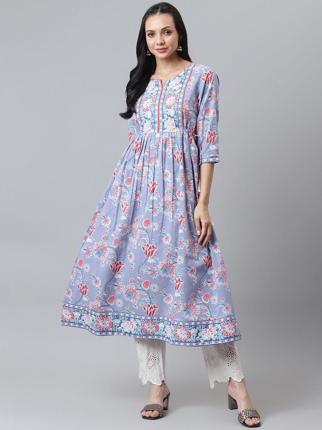 qomn women blue & red floral printed thread work floral anarkali kurta