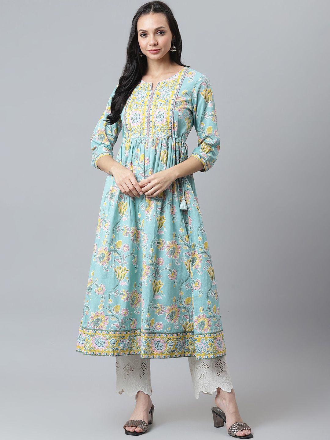 qomn women sea green & yellow floral printed floral kurta