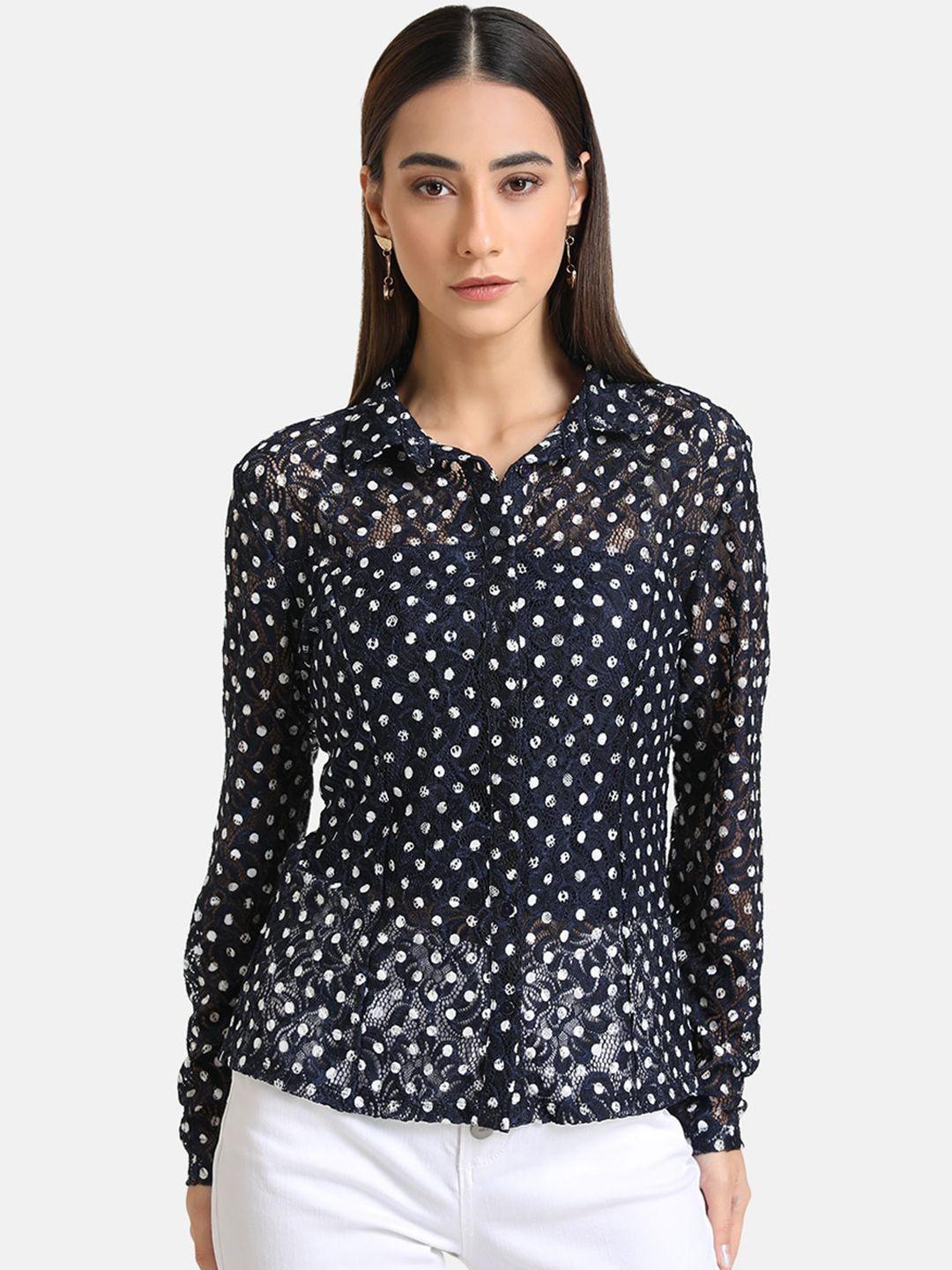 kazo women blue opaque printed casual shirt