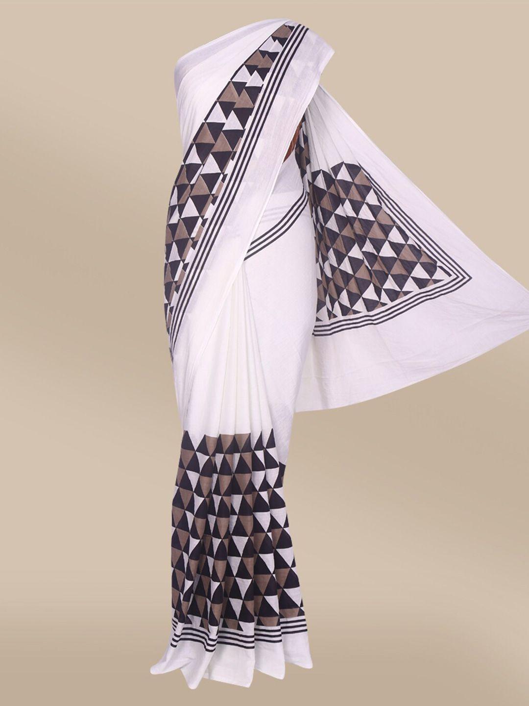 the chennai silks off white & black printed pure cotton saree