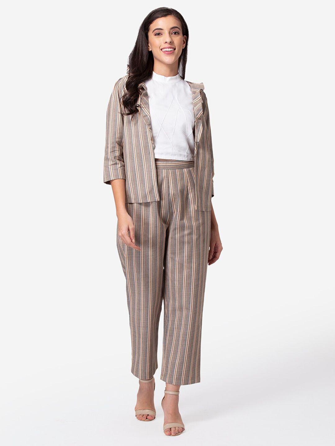 deebaco women beige striped coat with trousers