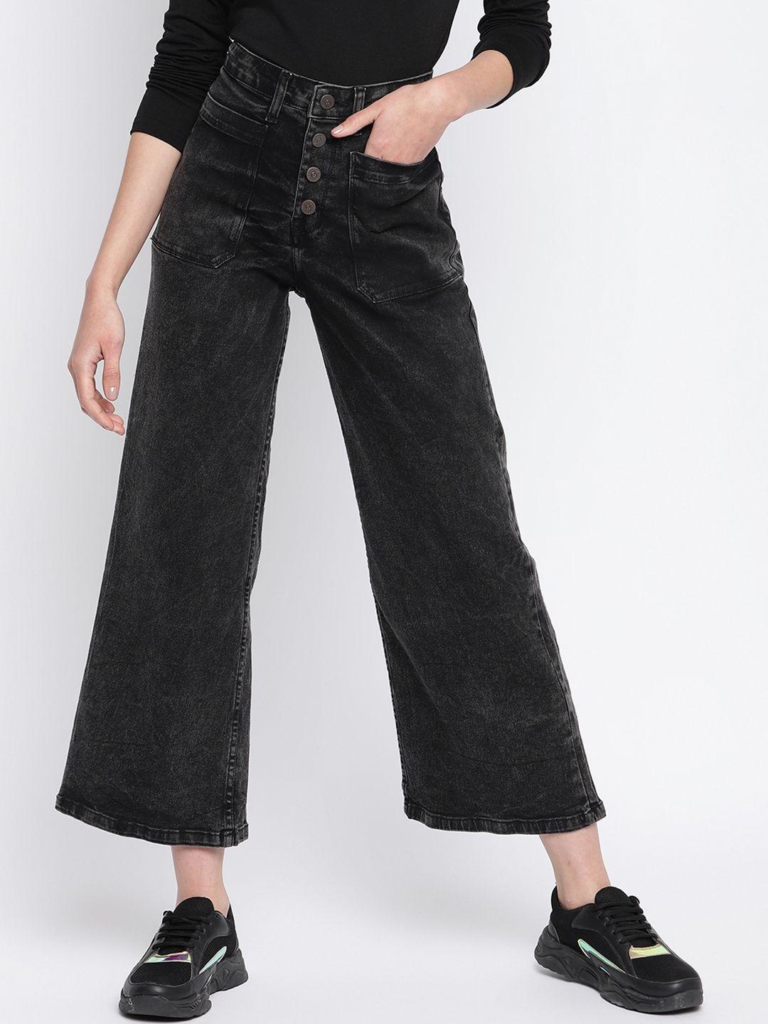 tales & stories women black wide leg high-rise light fade stretchable jeans