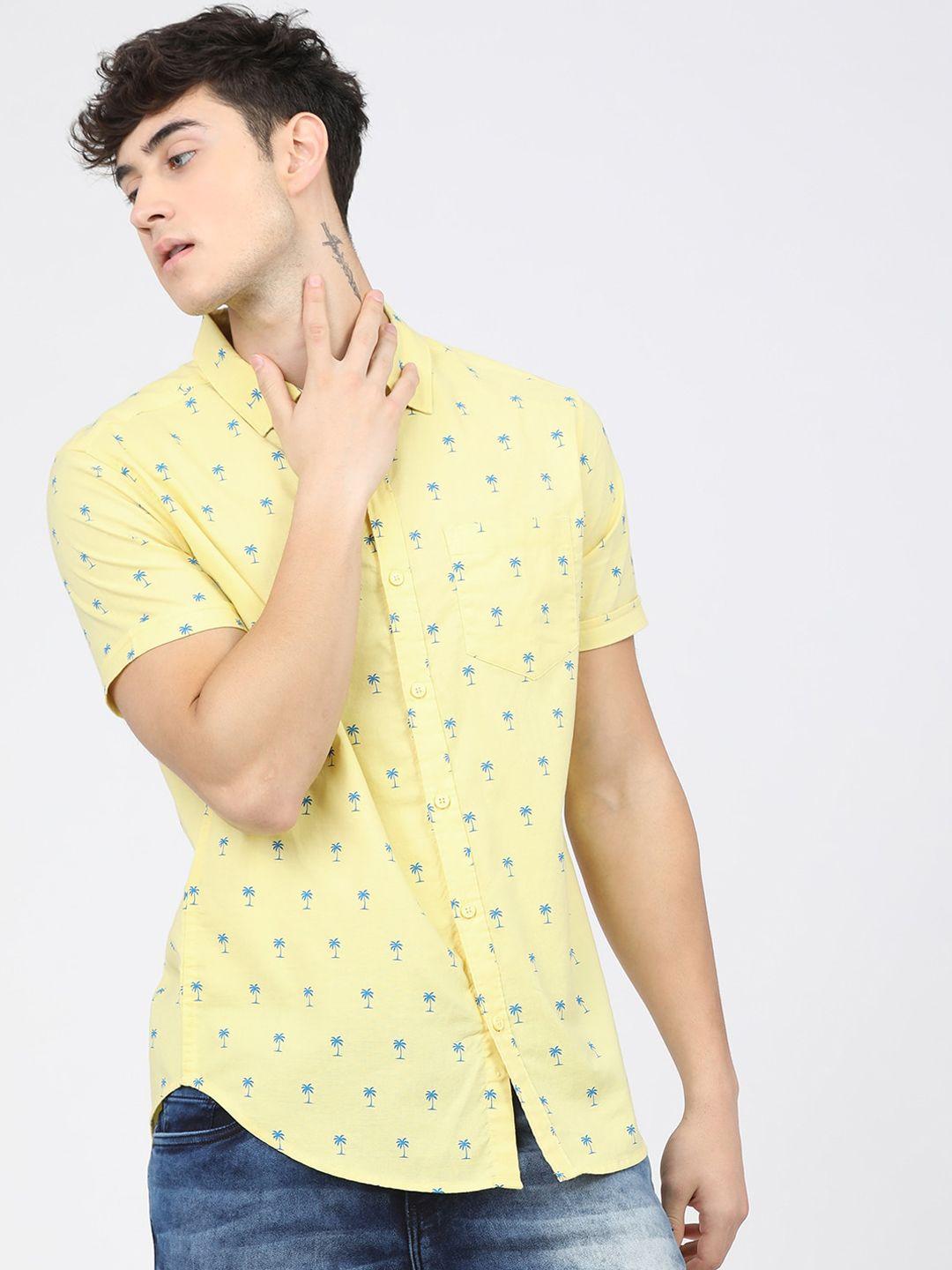 ketch men yellow slim fit floral opaque printed casual cotton shirt