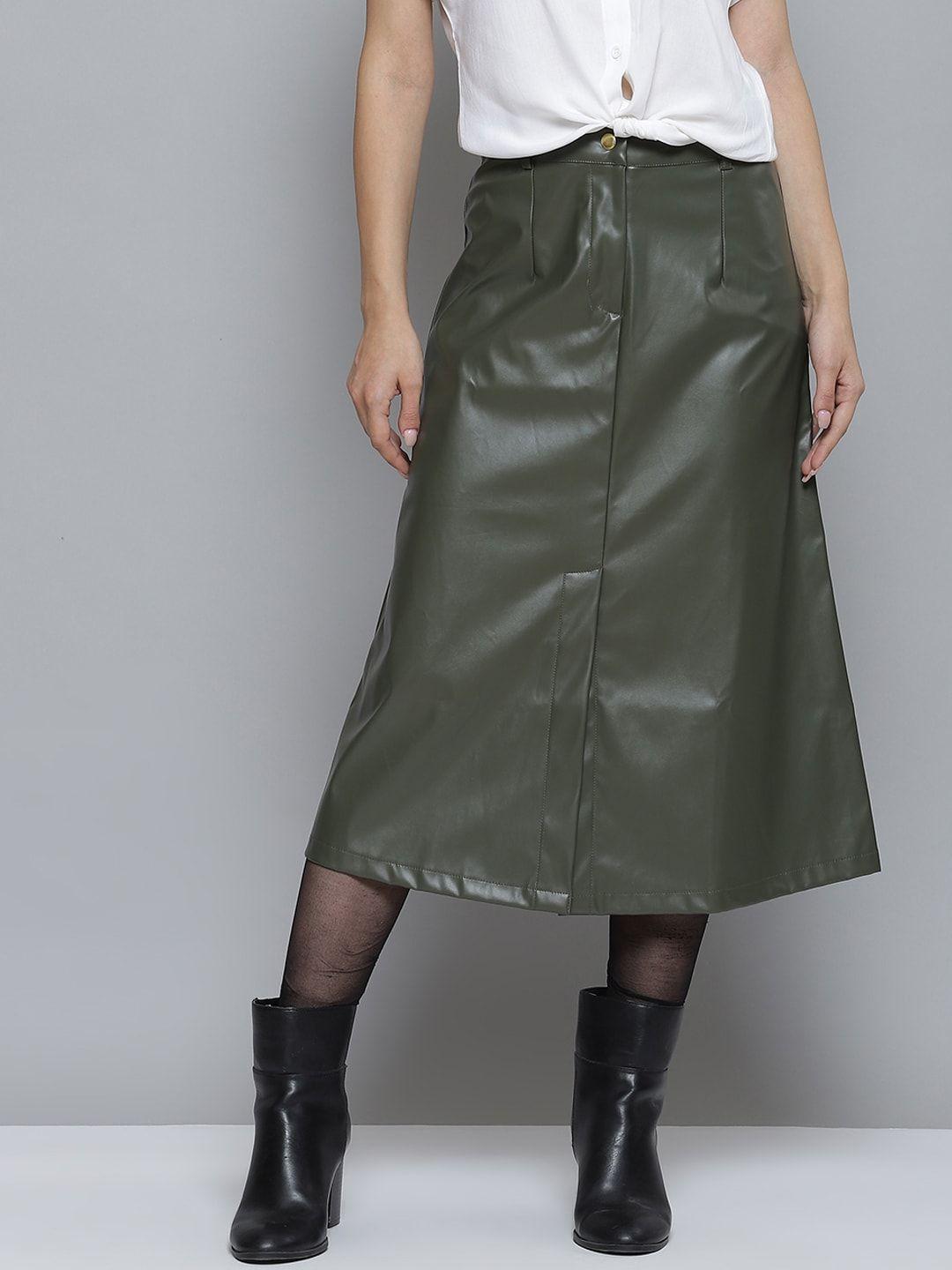 sassafras women green solid skirt