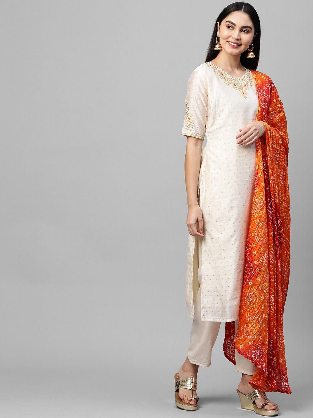 fashor women off white & orange ethnic motifs embroidered a-line kurta with dupatta