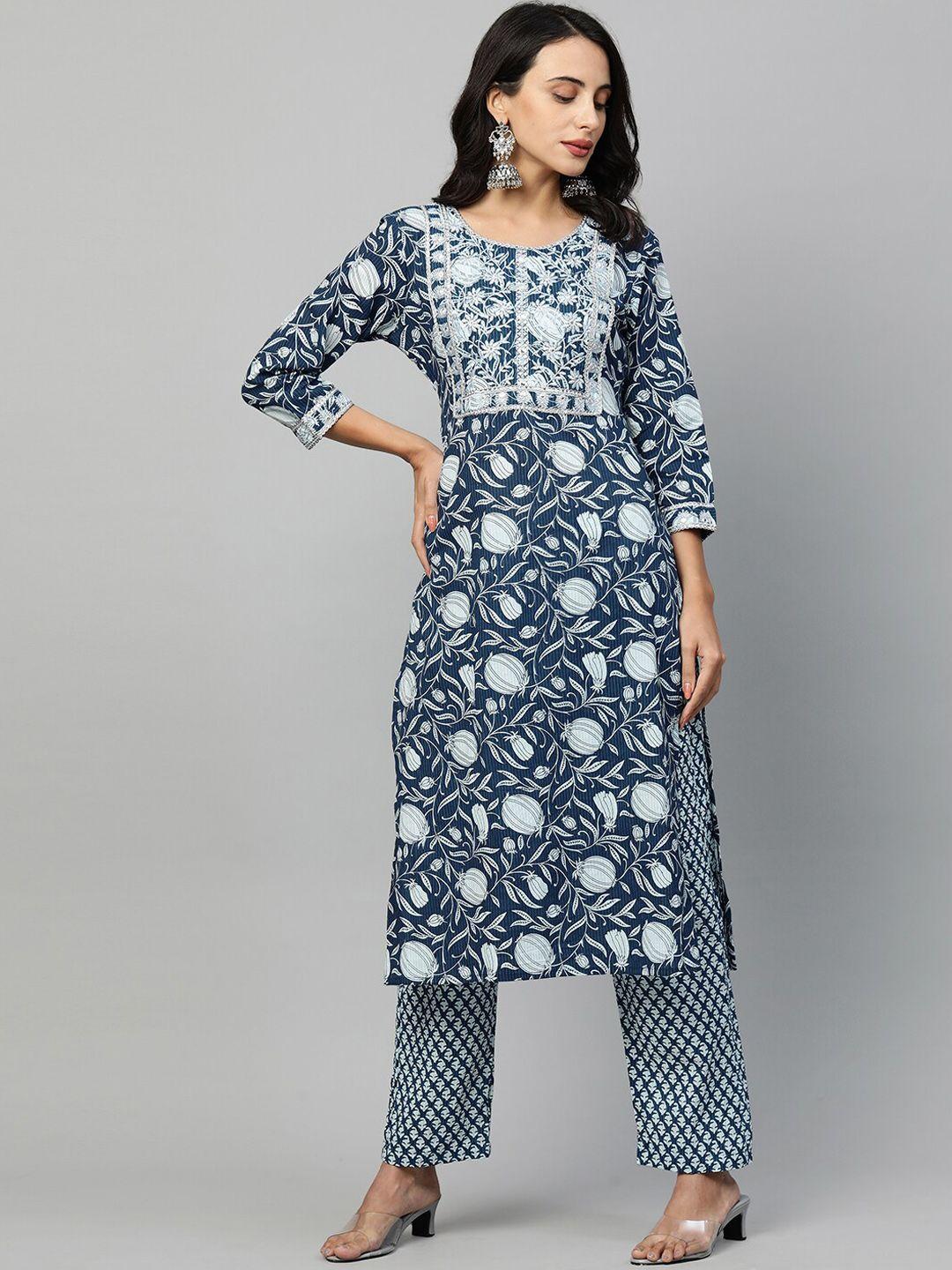 fashor women blue ethnic motifs embroidered regular thread work pure cotton kurti with dhoti pants