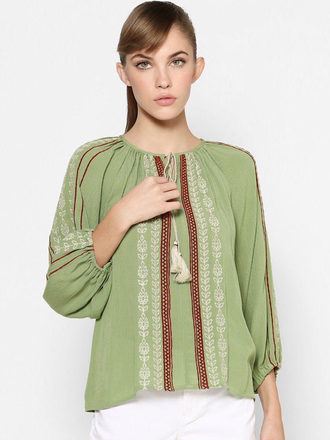 only olive green floral embroidered tie-up neck blouson top