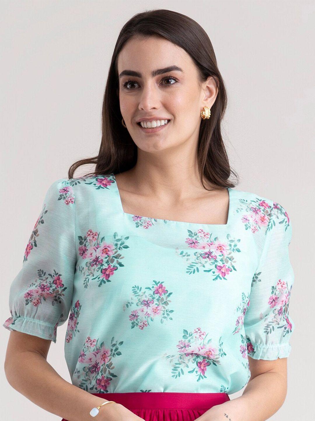 fablestreet blue floral printed chanderi top