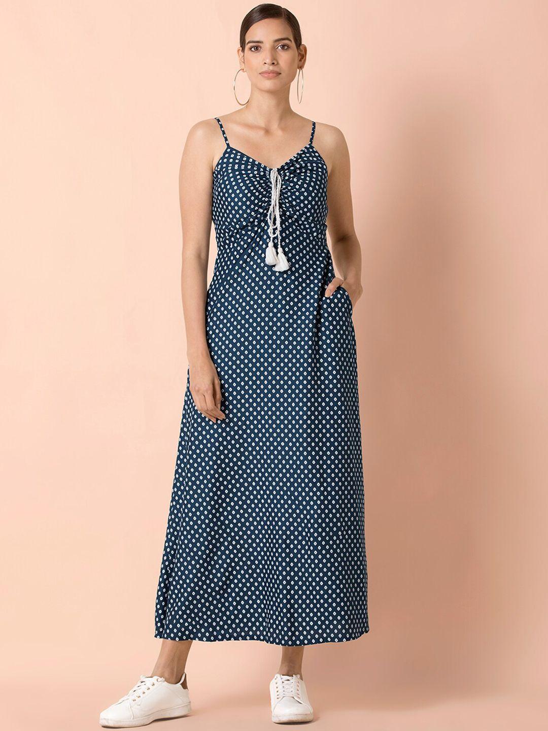 indya teal blue & white bandhani printed maxi dress