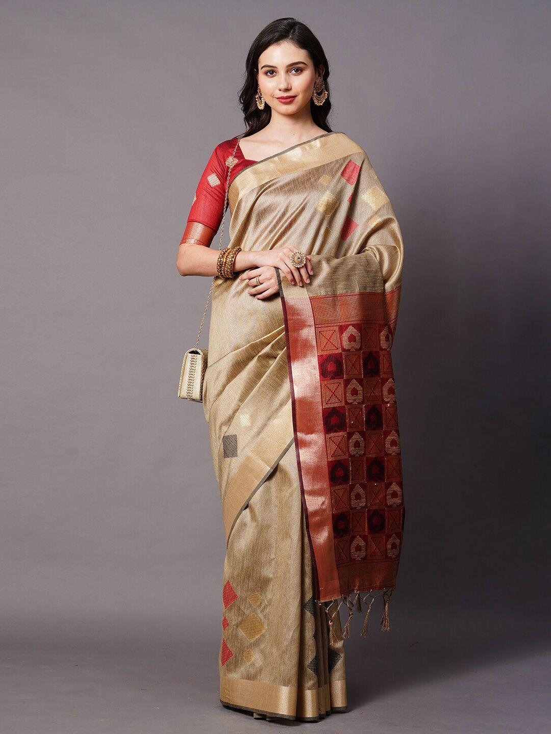 mitera beige & gold-toned woven design silk cotton banarasi saree