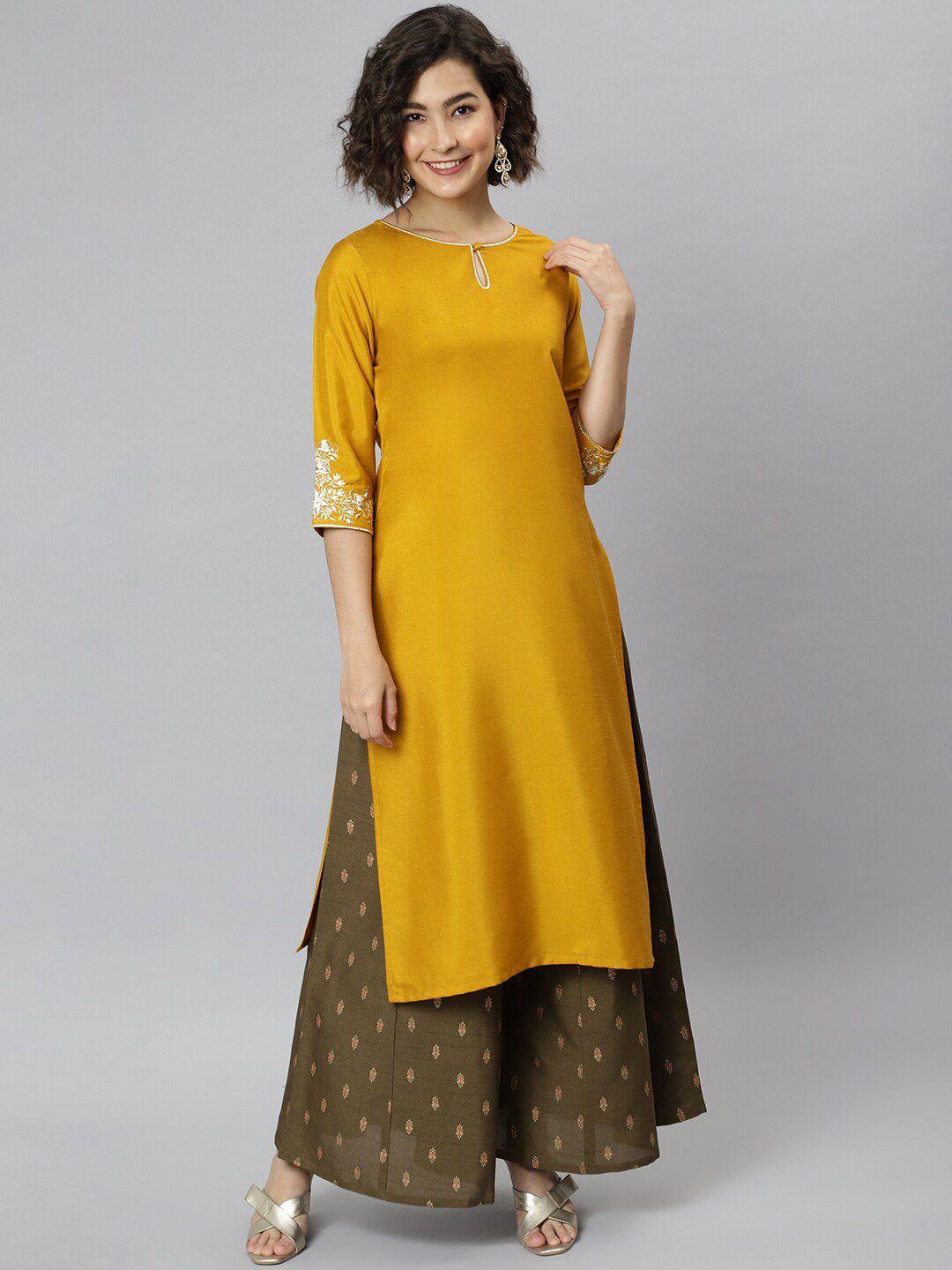 janasya women mustard yellow keyhole neck kurta