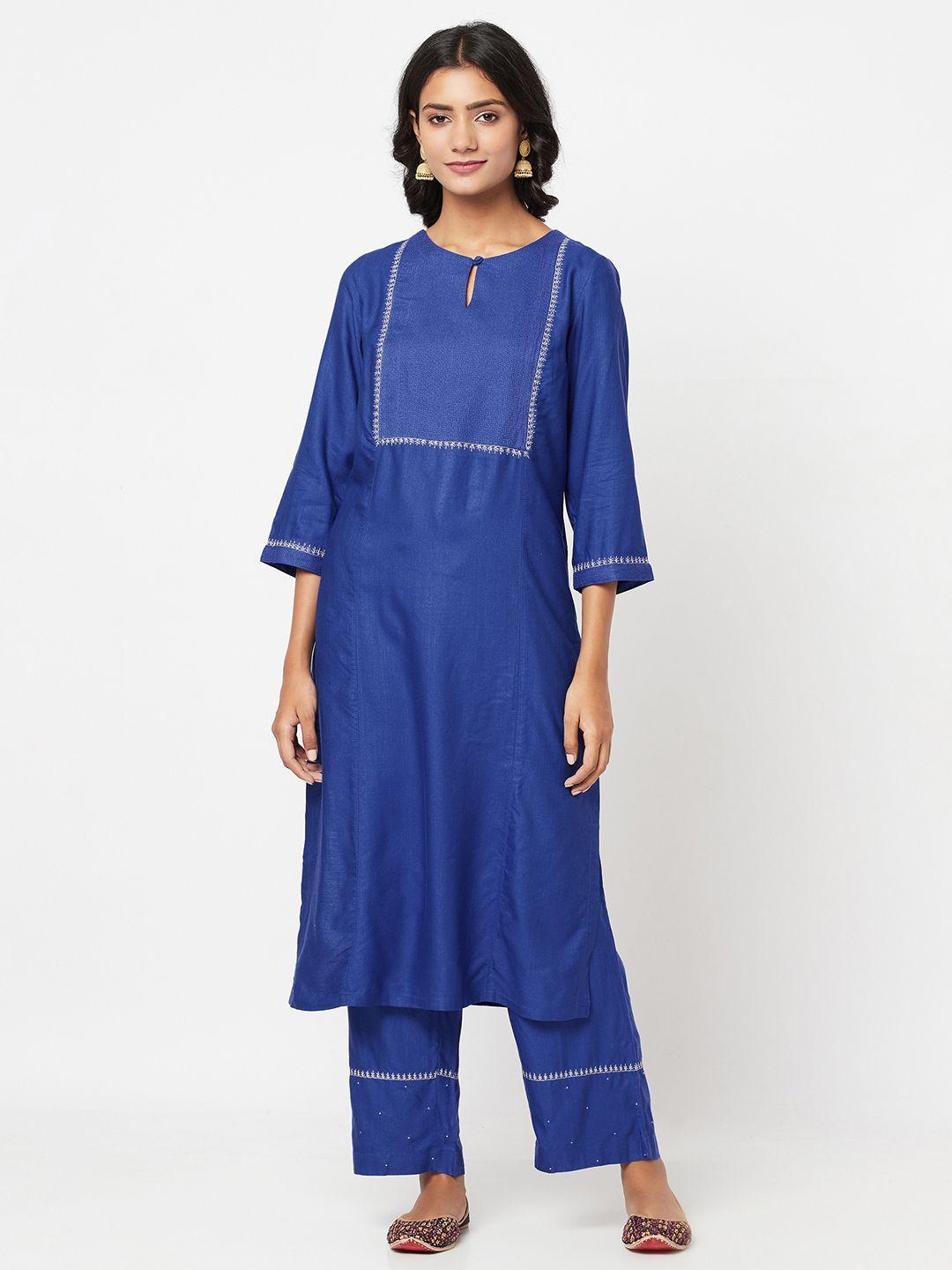 fabindia women blue yoke design kurta with trousers