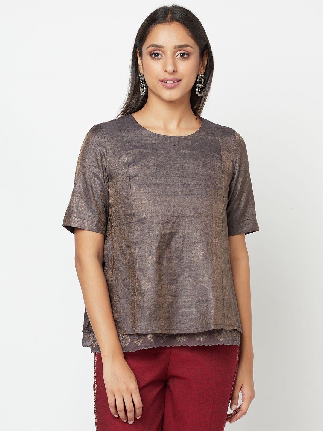 fabindia women grey solid ethnic top